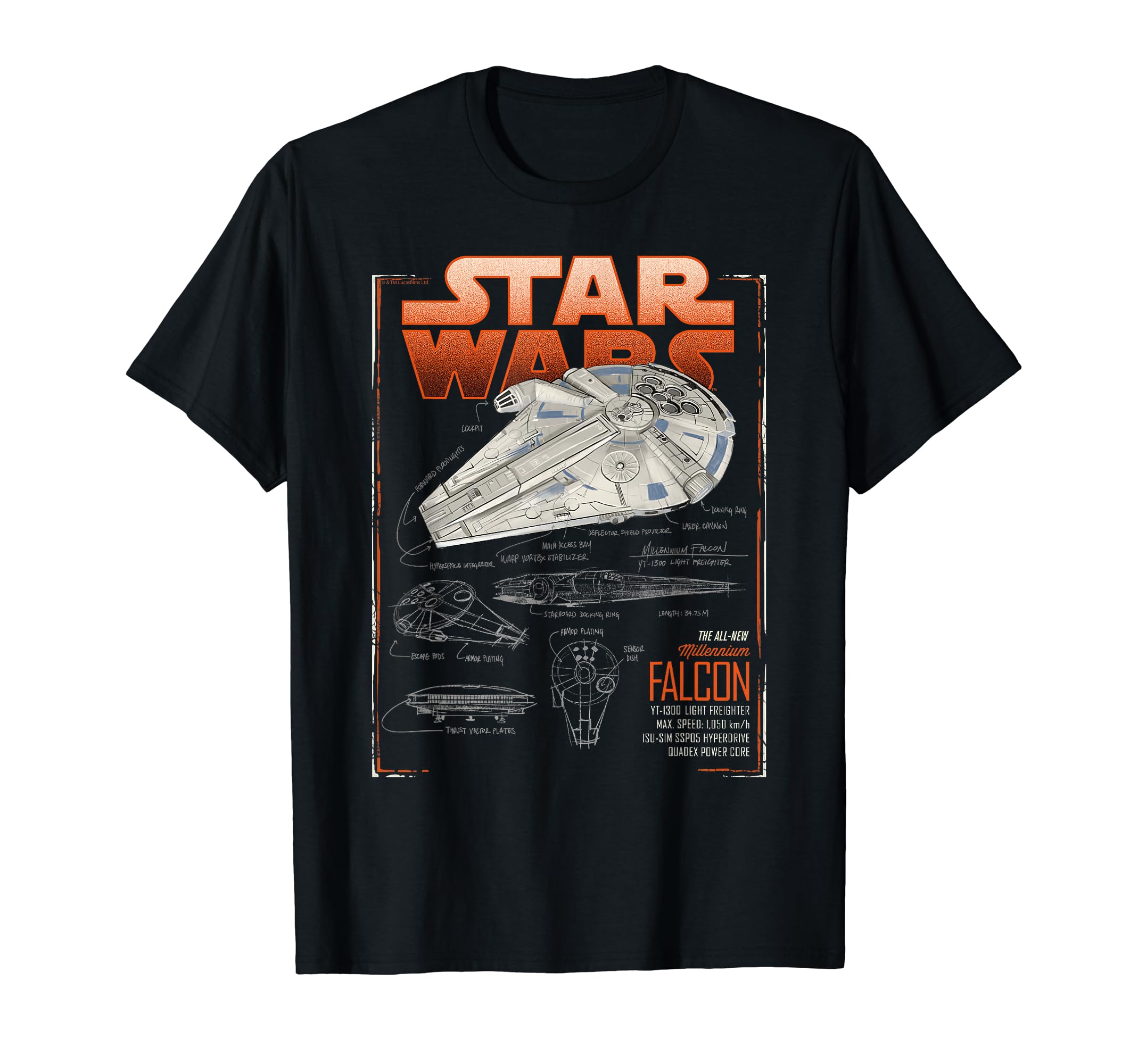 Star Wars Han Solo Movie Falcon Schematics T-Shirt, Black