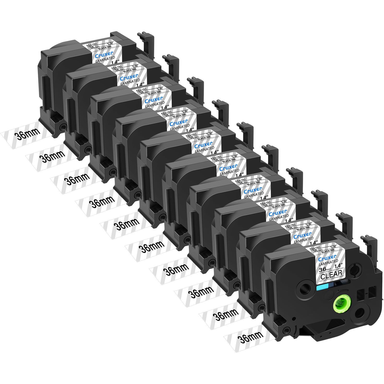 Cruxer 10er-Pack Kompatibel mit Ptouch TZe161 36 mm Schwarz auf Transparent | TZe-161 Laminiertes Etikettenband Ersatz für P-touch PT-530 550 3600 9200pc 9200DX 9400 9500PC 9600 9700PC Etikettendrucker