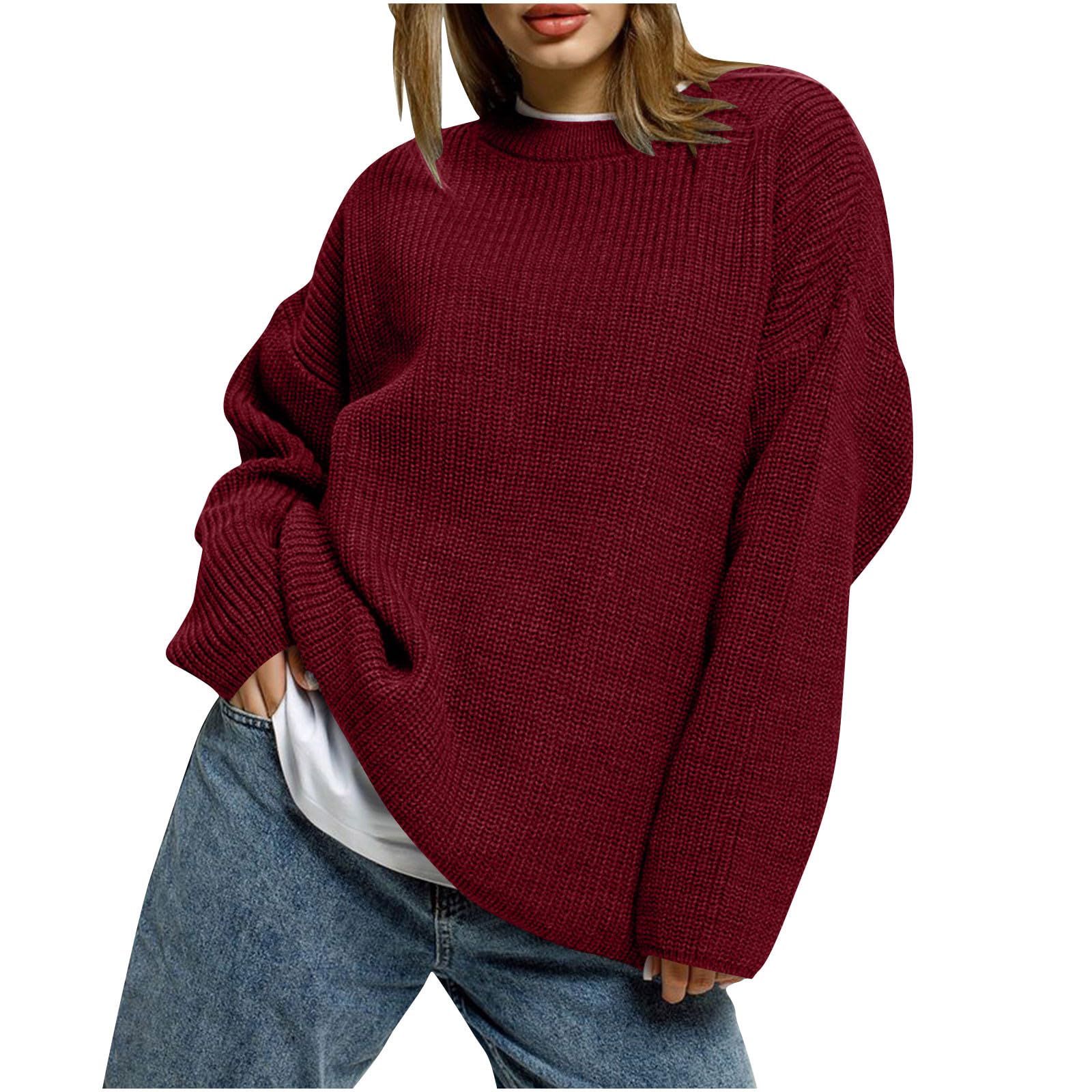 Womens Cable Knit Sweaters Long Sleeve Crewneck Loose Pullover Tops Knitwear Fall Clothes Casual Trendy Outfits