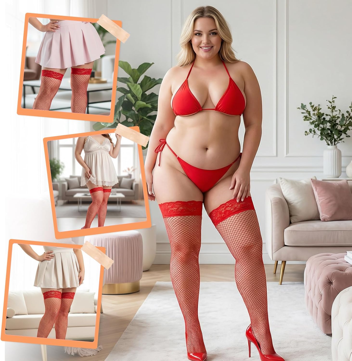 Women's Plus Size Mesh Fishnet Stockings Fishnet Tights with Ruffle Detail Sexy Sheer Exotic Elastic Hosiery Tights for Weight 100-220 Lbs, Red