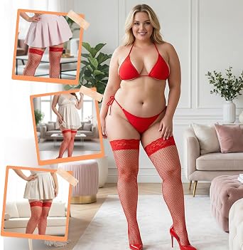Women's Plus Size Mesh Fishnet Stockings Fishnet Tights with Ruffle Detail Sexy Sheer Exotic Elastic Hosiery Tights for Weight 100-220 Lbs, Red