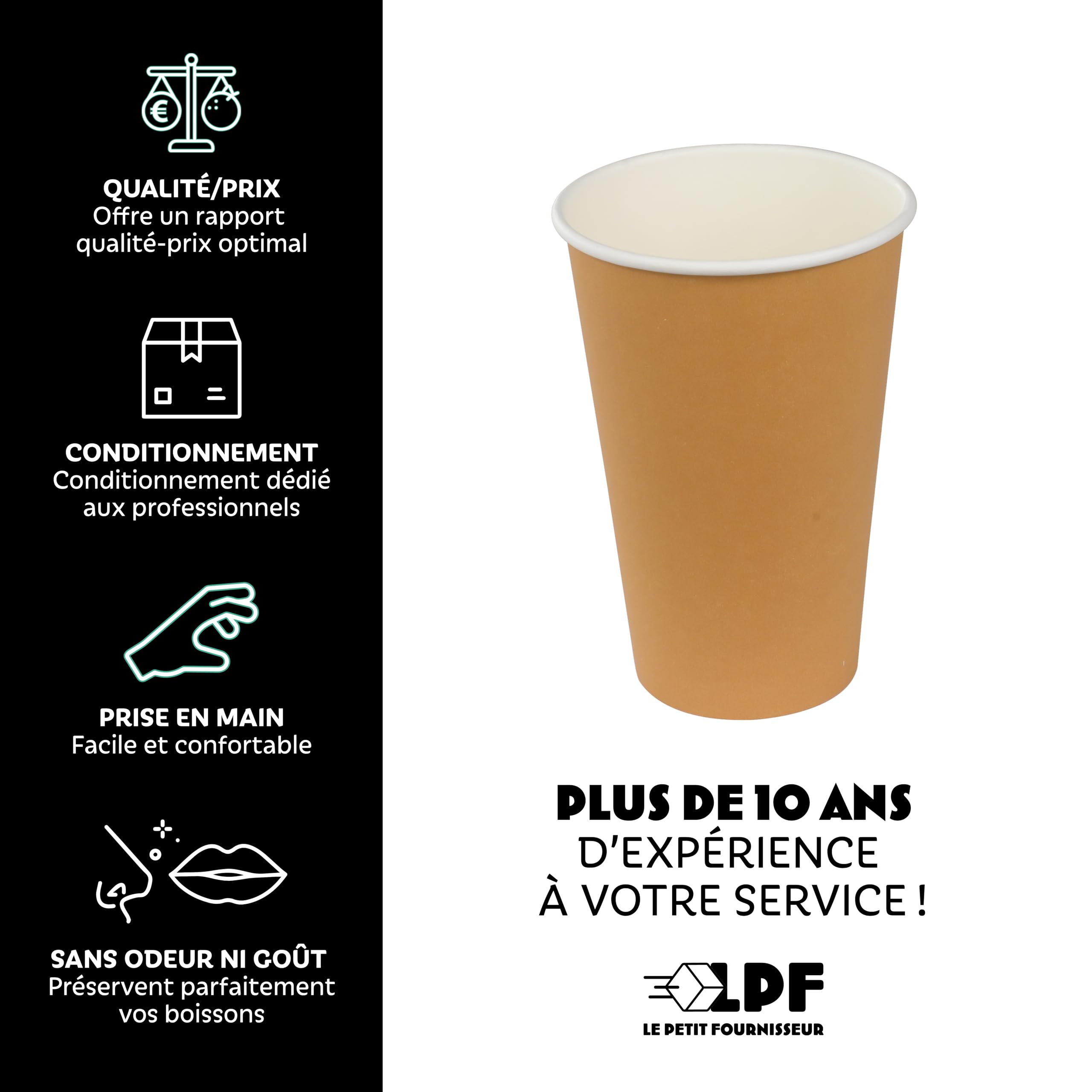 LPF LE PETIT FOURNISSEUR - Lot de 1000 Gobelets jetables en Carton Kraft 30-35cl - Recyclable - Gobelets café, thé, boissons chaudes et froides - Résistant à la chaleur - Couleur Brun