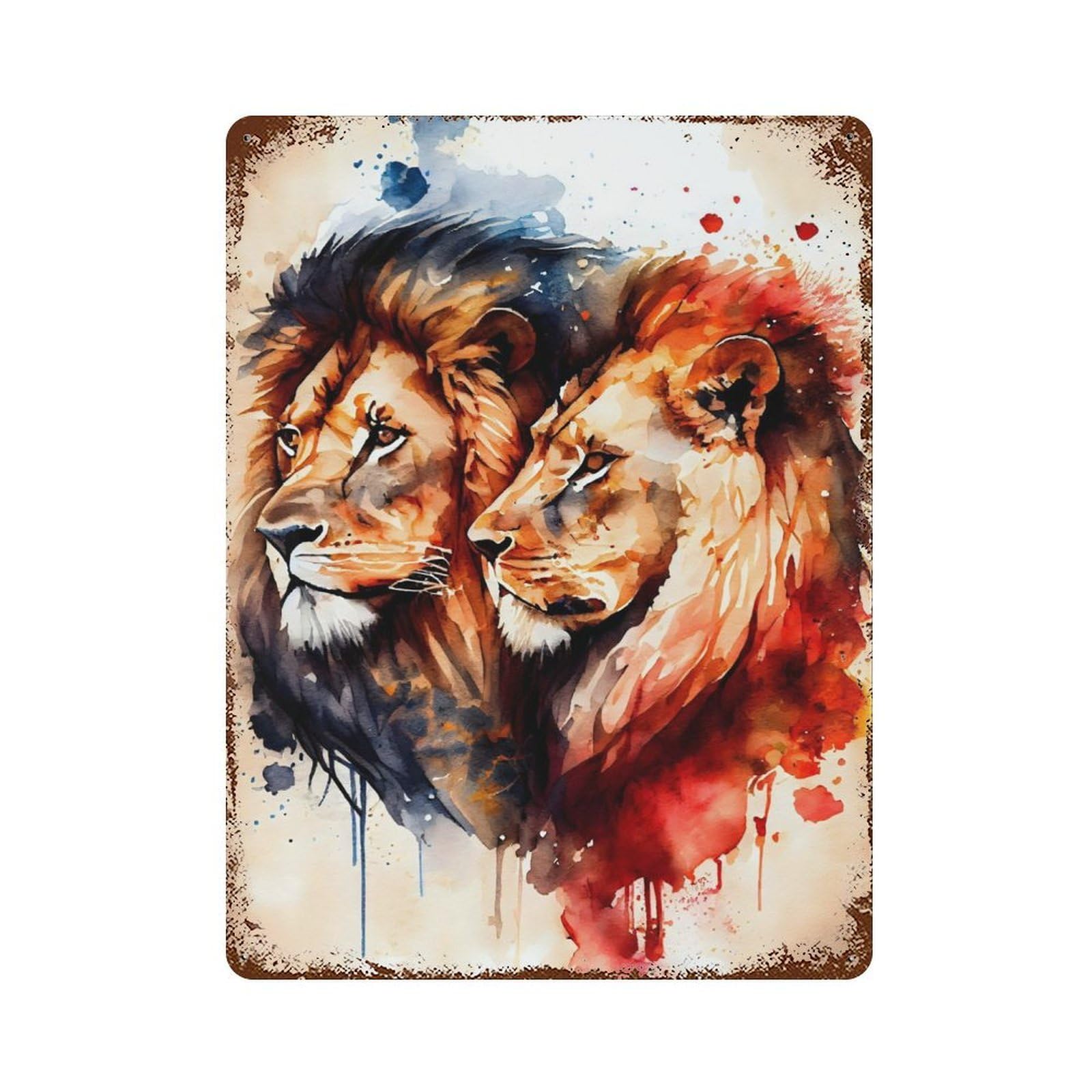 Lions Couple Watercolor Decorative Tin Sign 15.7"x11.8", for Cafe, Home Bar And Lounge Decor, Decorative Metal Wall Art