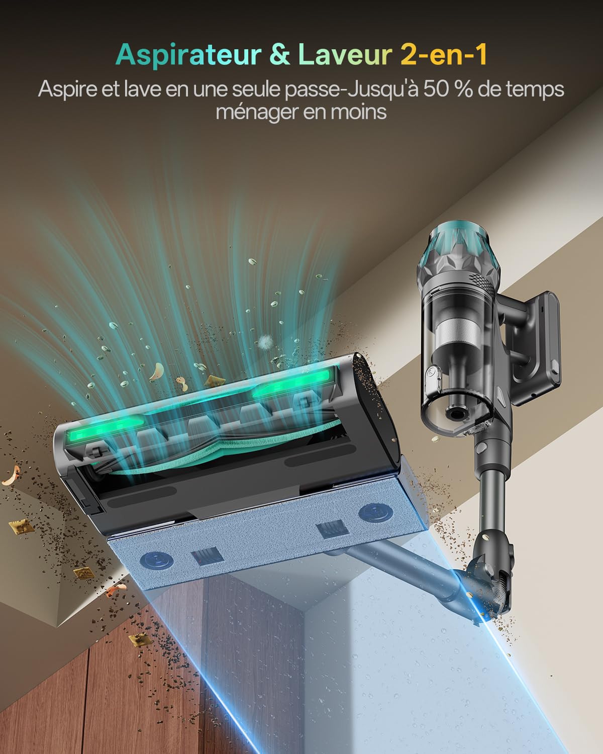 Vexilar V15 Max Aspirateur Balai sans Fil, 2 en 1 Laveur | 65000Pa, rosse 4D anti-poils d'animaux, filtration multicône, LED Duralgreen, autonomie 60 min, tube pliable, support mural