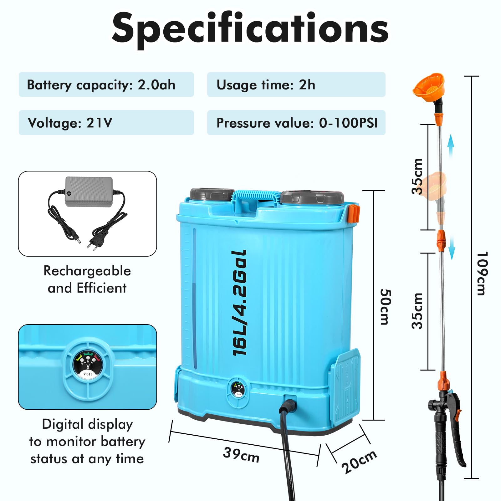 Pulverizador Electrico 16L, 0-100 PSI Pulverizador Mochila Bateria con 7 Boquillas & Caña Telescópica, 2000mAh Batterie, Sulfatadora Electrica a Bateria para Césped Jardín Techo Patio