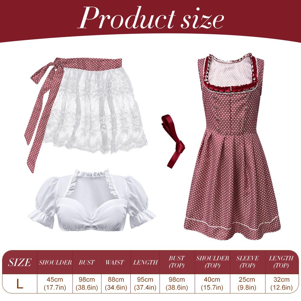 Foreverup Damen midi Trachtenkleid, Tachtenkleid für Oktoberfest, Damen Weinrot Trachtenkleid, Germandress für Oktoberfest mit Trachtenbluse Spitze Midi Rock Schürze für Besondere Anlässe