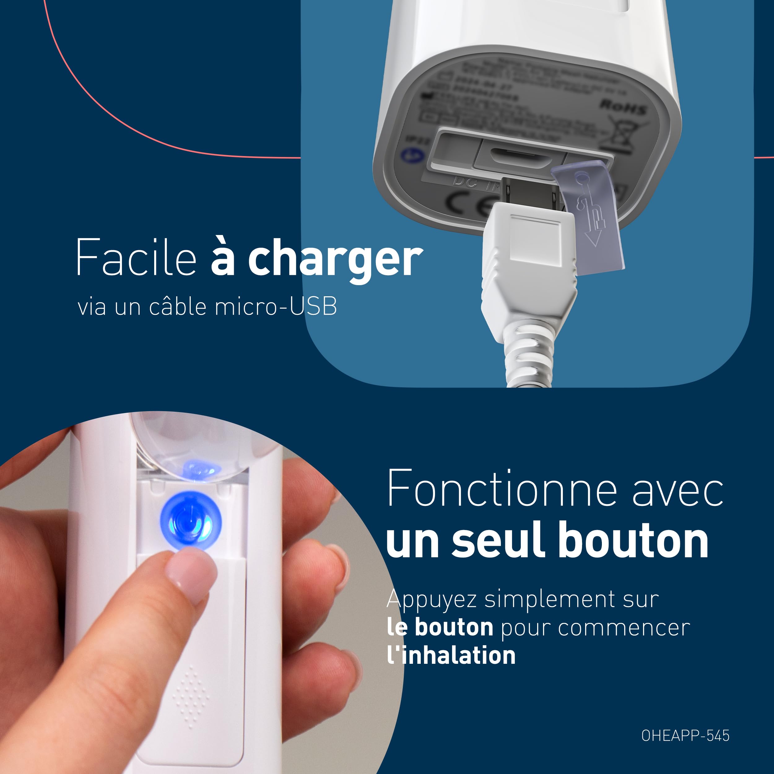 mini Air 360+distribué par OMRON - Nébuliseur portable, inhalateur silencieux pour adultes/enfants, deux tailles de masque et embout buccal, soulagement de la toux/du rhume, rechargeable via Micro-USB