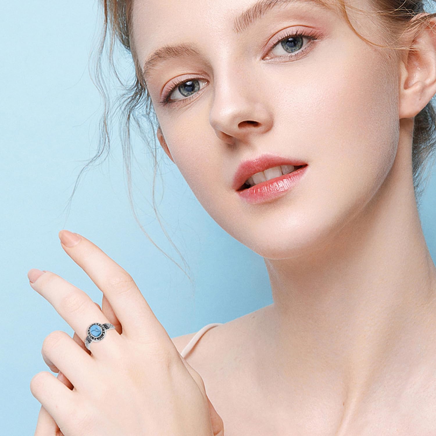 Turquoise Ring for Women 925 Sterling Silver Oval Cut Turquoise with Vintage Filigree Promise Ring - Image 2
