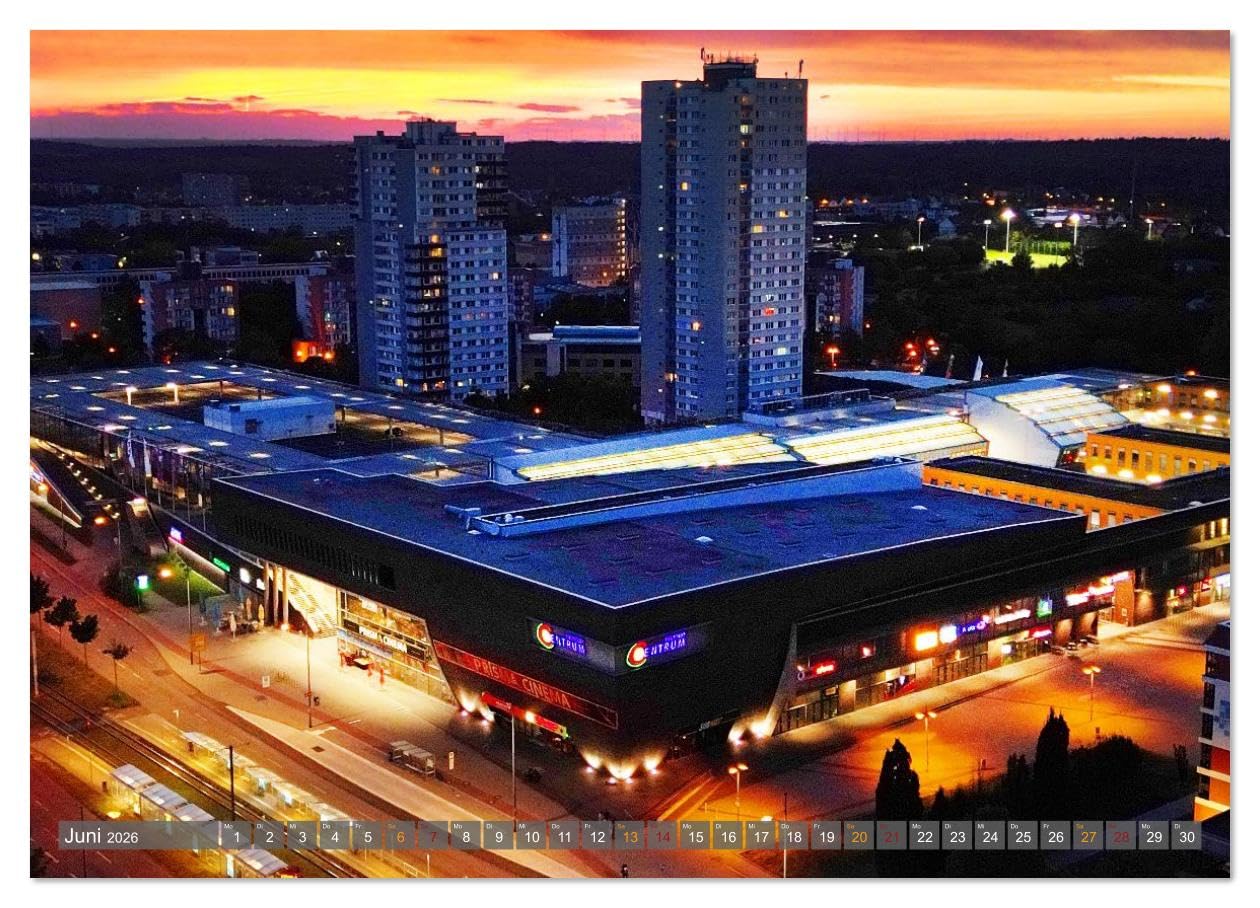 HALLE AN DER SAALE NACHTFLUG (hochwertiger Premium Wandkalender 2026 DIN A2 quer), Kunstdruck in Hochglanz: Der Kalender "HALLE AN DER SAALE ... nächtlichen Luftaufnahmen. (CALVENDO Orte)