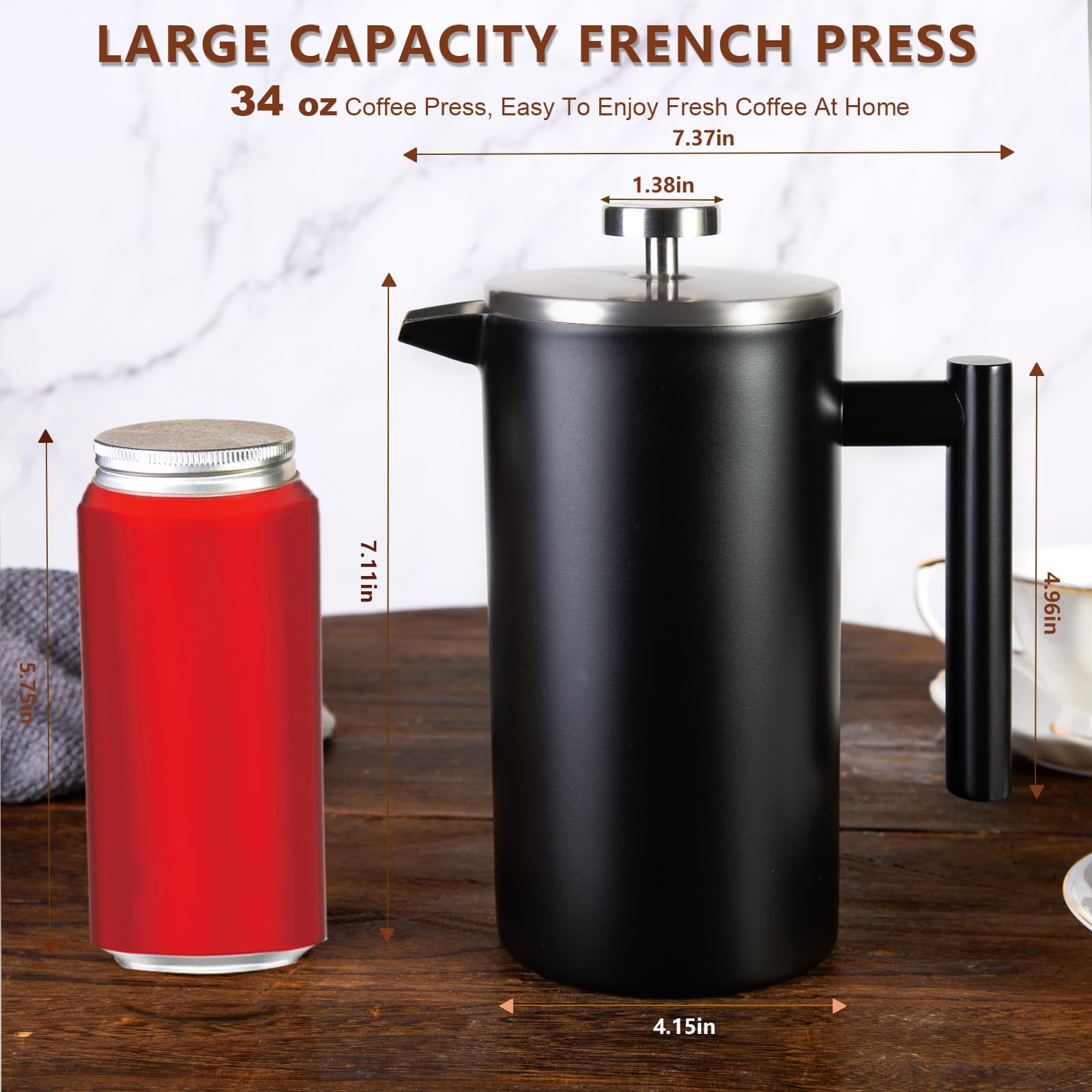 SZHETEFU French Press - Cafetera de prensa francesa grande aislada de acero inoxidable de alta calidad, capacidad de 4 a 6 tazas, cafetera de émbolo de prensa francesa, color negro