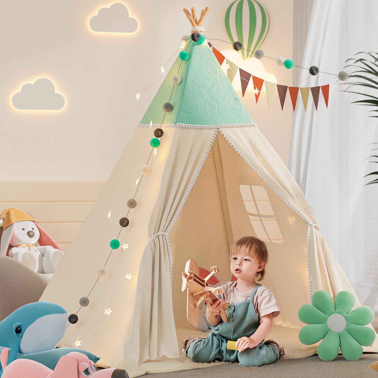 Tipi tenda per bambini, tenda da gioco con coperta imbottita, catena luminosa, borsa per il trasporto, stile Montessori, per bambini, colore: verde chiaro