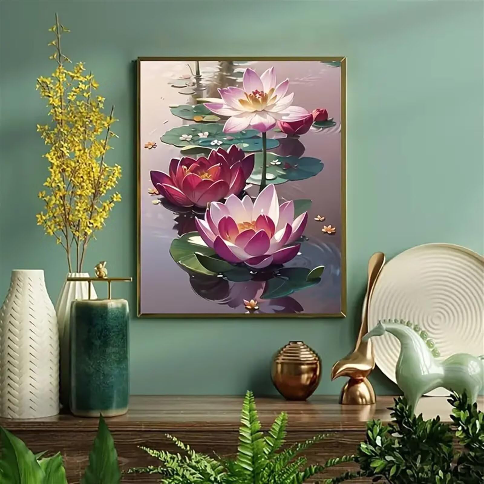 Pintar por Numeros para Adultos,con marco Paint by Numbers Kit DIY Cuadros Pintura al óleo de Lienzo con pigmento acrílico y pinceles para Hogar Pared Decoración Paisaje del lago Lotus,50x65 cm