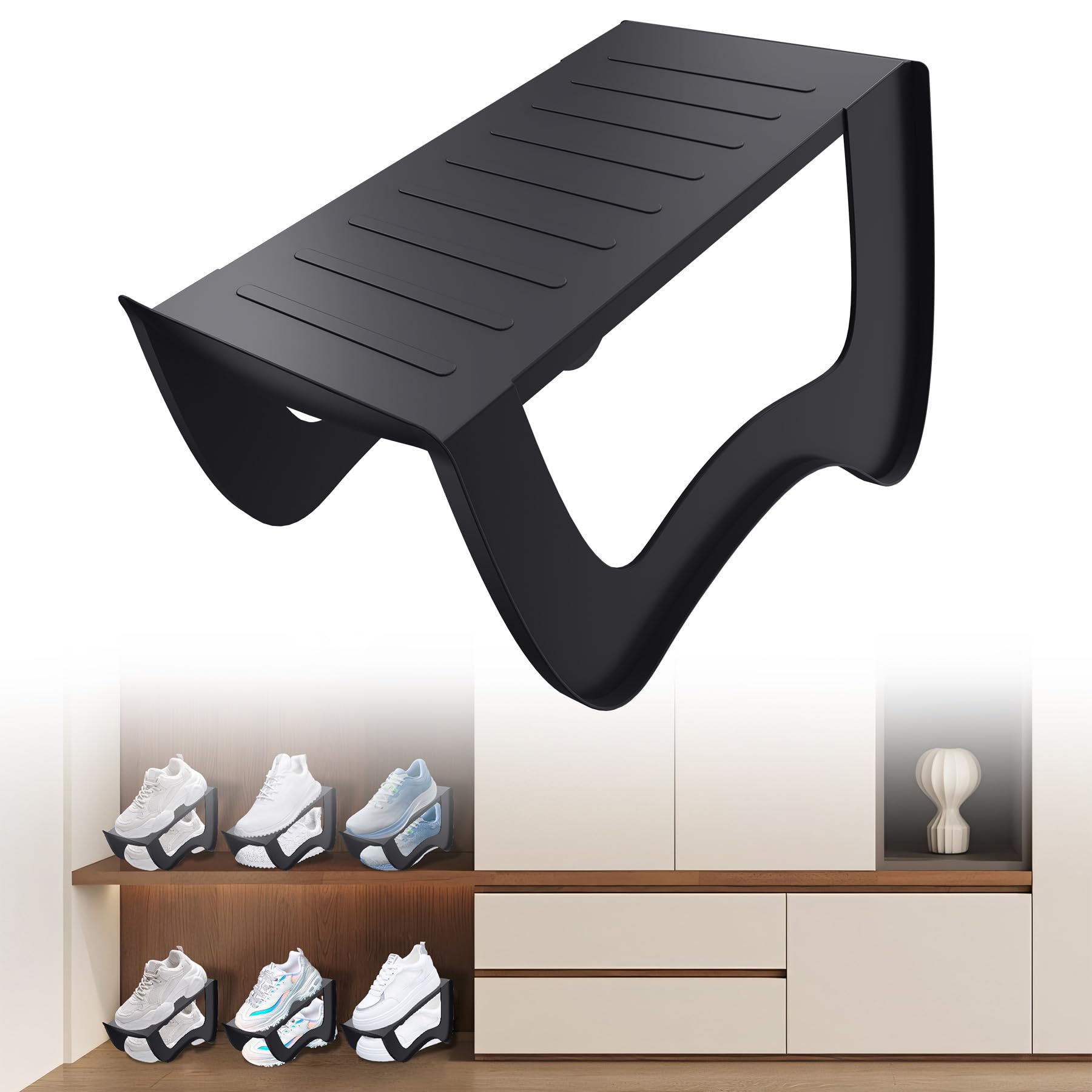 Froadp 30 Stück Schuhregale rutschfest Schuhhalter Platzsparend PP Kunststoff Doppelschicht Schuhstapler Set Schuhaufbewahrung Schuhschlitz Organizer, Schwarz