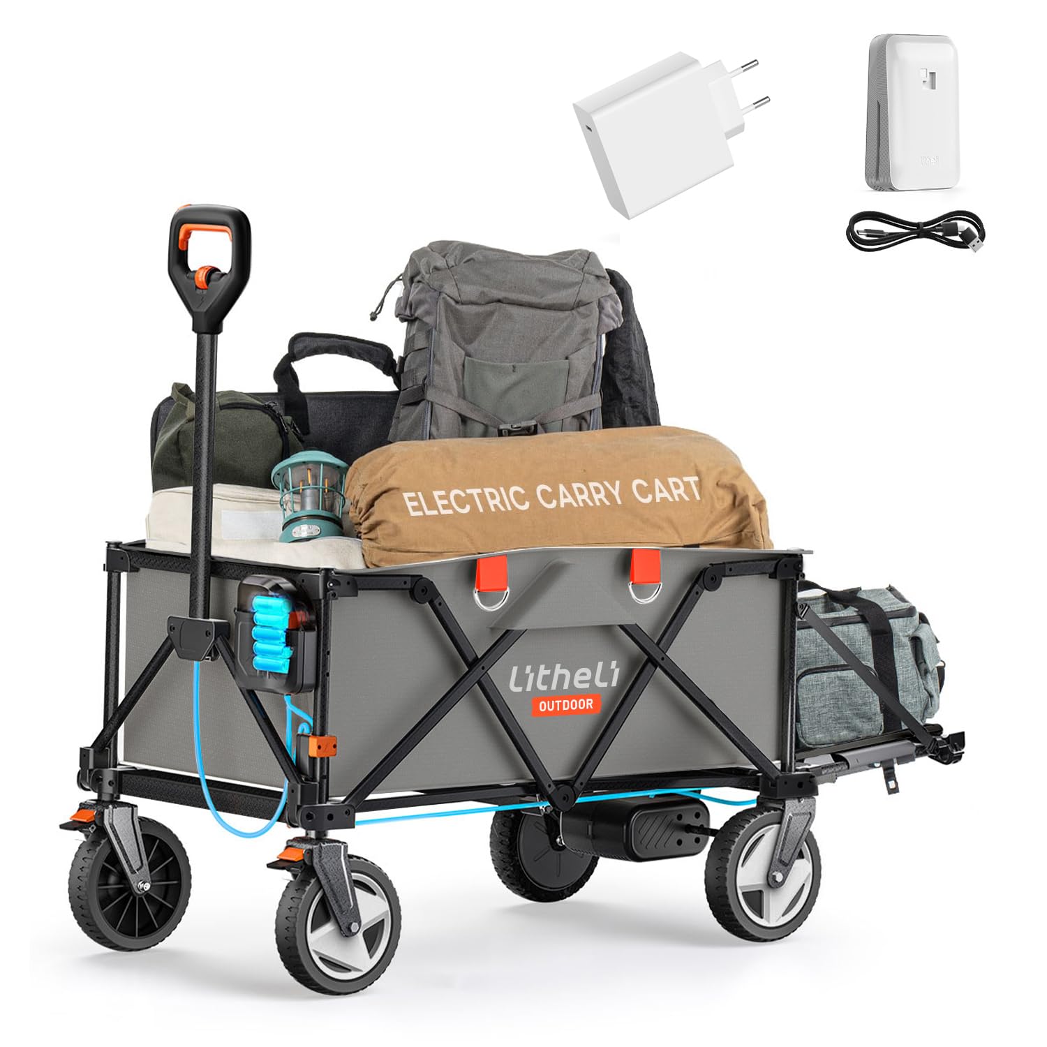 Litheli Electric Folding Hand Truck Folding Hand Truck with Brakes 200L 60kg Folding Wagon Suitable for Camping, Garden, Beach, Shopping (Grey, 1 Battery and Charger)