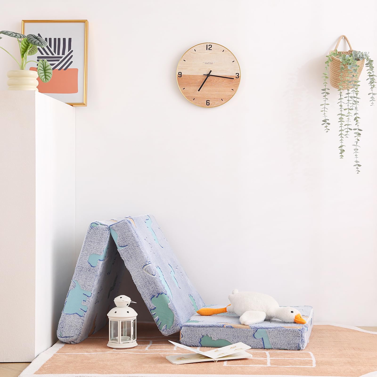 Colchón de piso triple para niños, futón que brilla en la oscuridad con funda extraíble, tapete portátil de espuma para siesta con bolsa de almacenamiento para niñas y niños, dinosaurio azul 6
