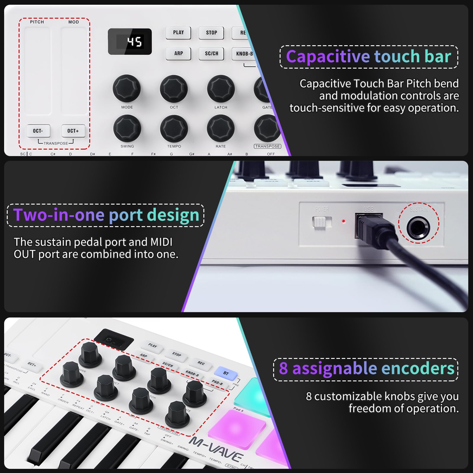 Nikou Keyboard Controller, USB Mini 25 Keys, Professional Dynamic Keybed, Electric Music Arranger Keyboard with RGB Drum Pads, White - Image 2