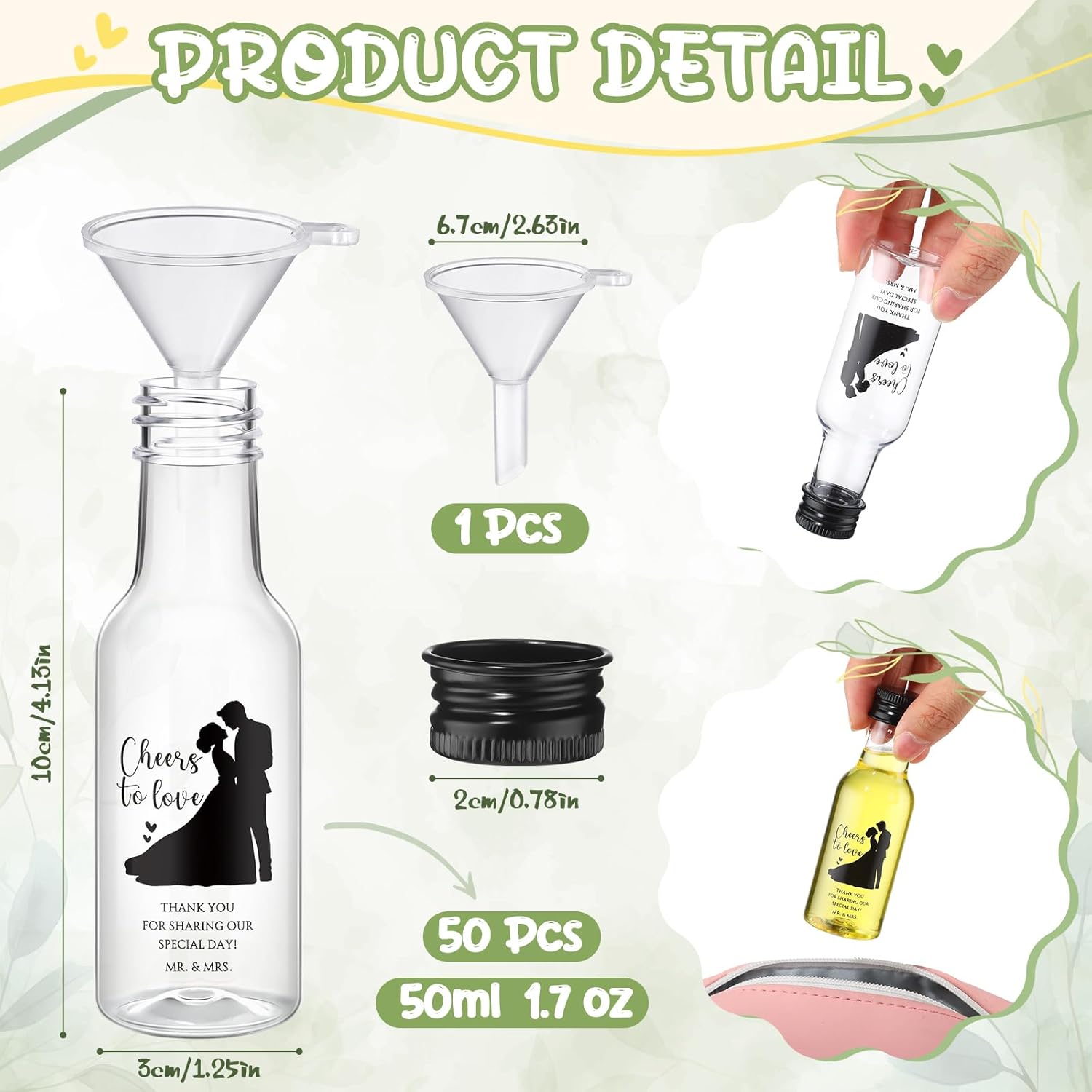 Hushee 50 Sets Wedding Mini Liquor Bottles 1.7 oz Plastic Mini Alcohol Bottles with Funnels and Black Cap Wedding Party Favors for Guest Bridal Shower Supplies