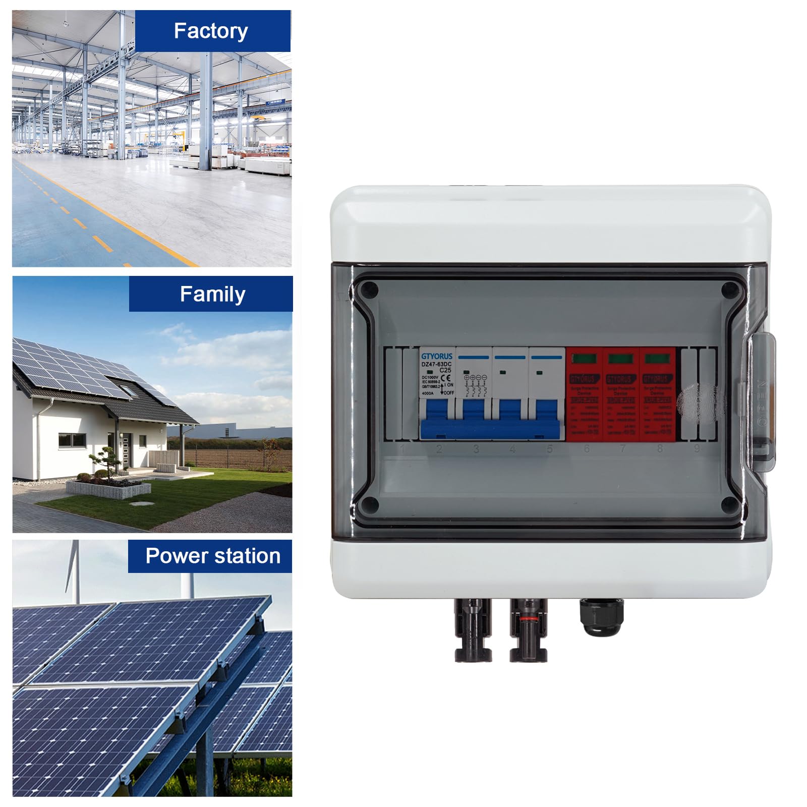 Boitier de Jonction Photovoltaïque Solaire, IP65 Protection Contre Les Surtensions DC Photovoltaïques, 1 String 1000V PV DC Disjoncteur avec Fiche Solaire(1 in 1 out, 25A)