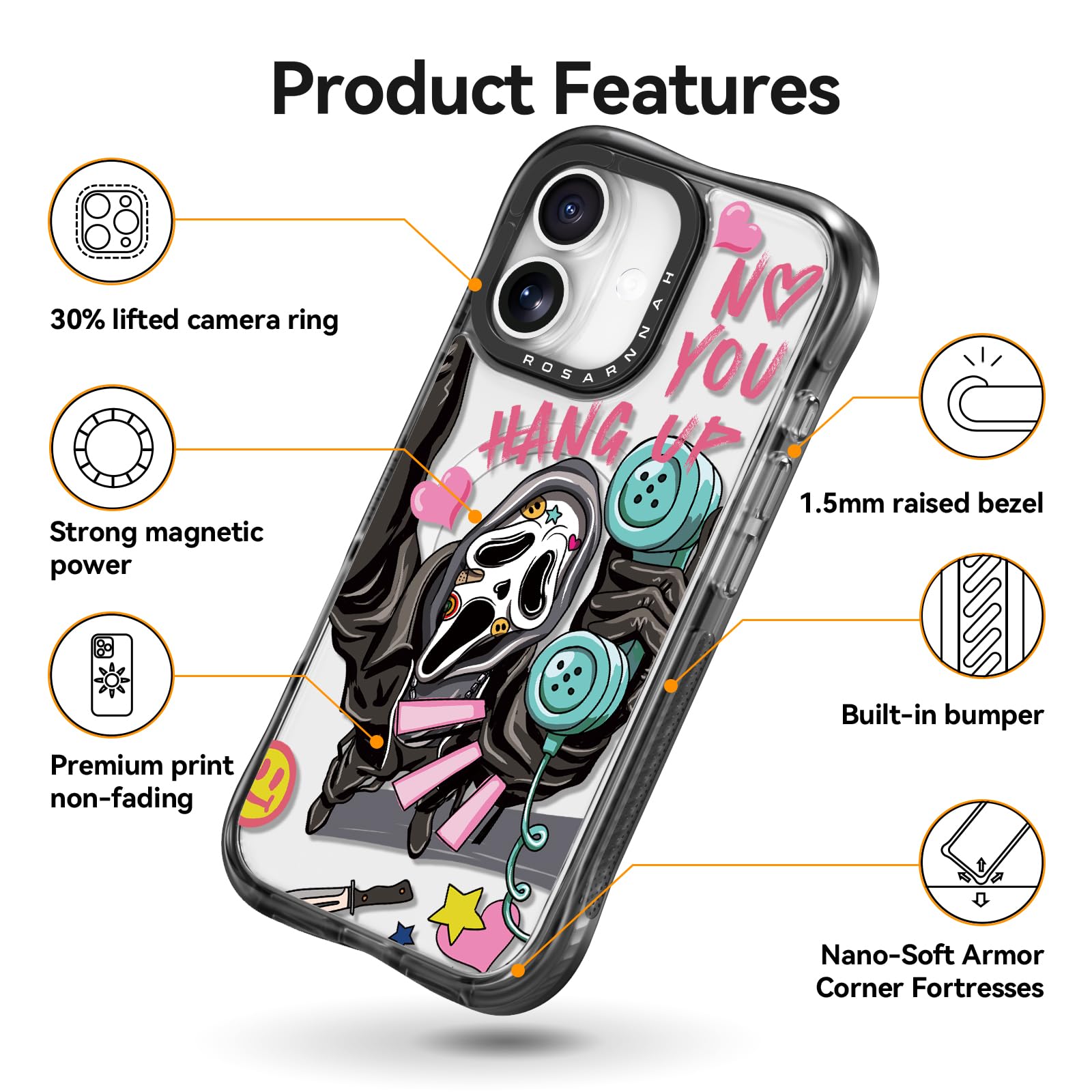 Rosarnnah Bonita funda para iPhone, compatible con Magsafe, protección contra caídas de grado militar de 20 pies, a prueba de golpes, divertido diseño de esqueleto para iPhone (6.1 pulgadas), color