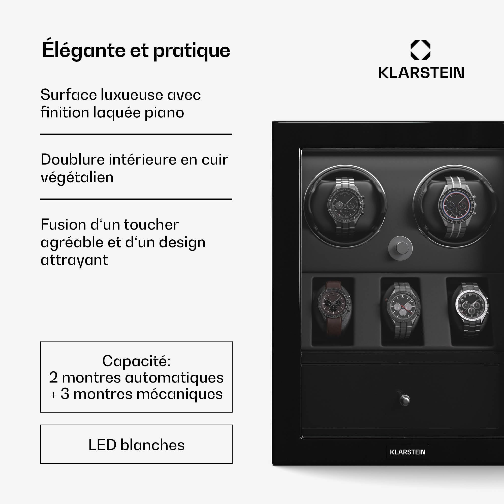 KLARSTEIN ChronoVault Remontoir de Montre Automatique – Boite à Montre Automatique pour 5 Montres, Moteur Silencieux Japonais, Cuir végétal, 4 Modes de Rotation, LED & tiroir à Bijoux