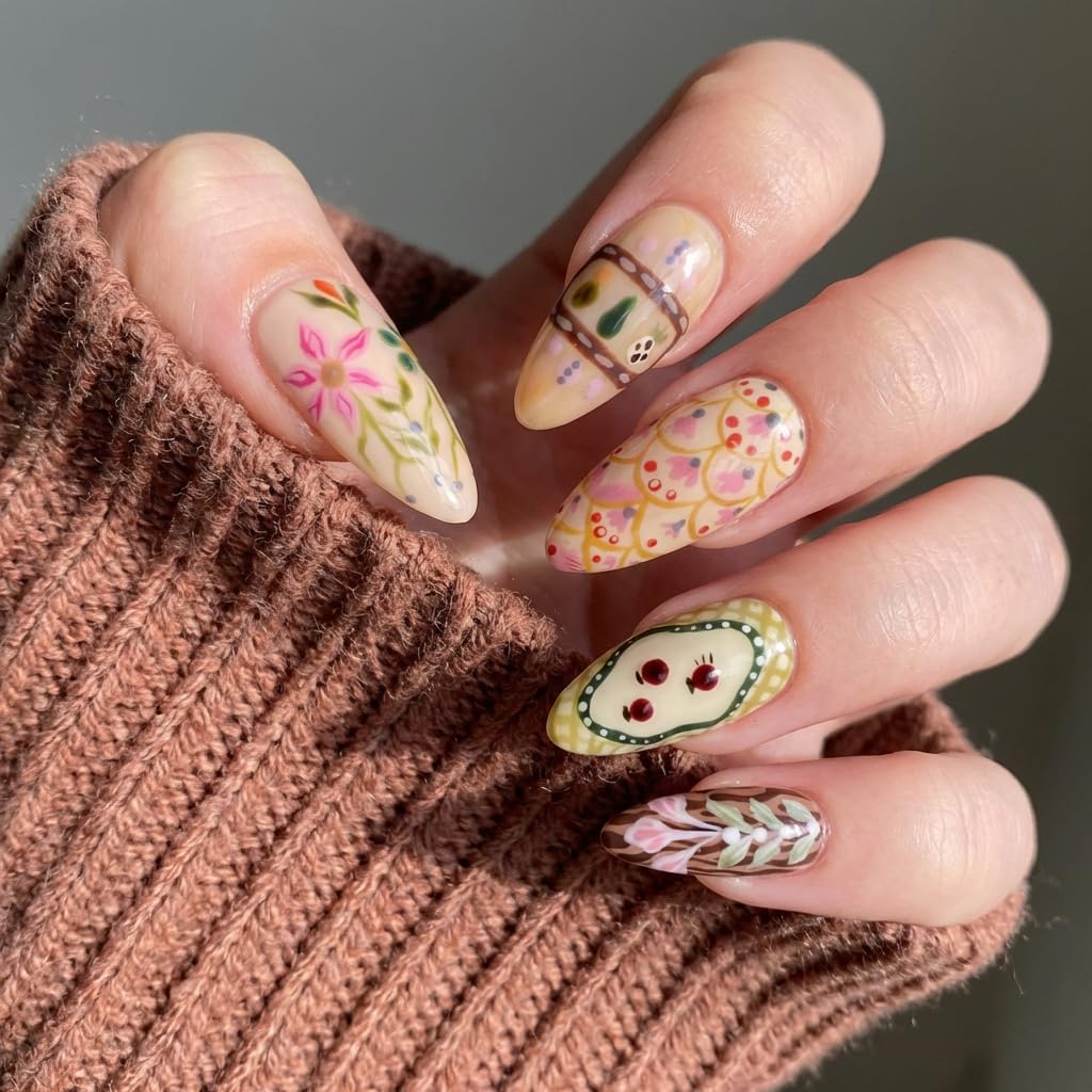 Handmade Yellow & Cream Gel Press On Nails, Hand-Painted Folk Art, Sun & Vintage Floral Patterns, Reusable Medium Almond Fake Nails with Prep Kit, Spring Cottagecore Festival for Women, 10 Pcs