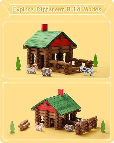 Miniatura 2 de SainSmart Jr. 214 PCS Wood Logs Cabin Set Ages 3+, Fire Station Building Log Gift for BoyGirl, Creative Construction Engineering Educational Toy