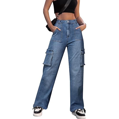 ZMPSIISA Women High Waisted Cargo Pants Wide Leg Casual Pants 6 Pockets Combat Military Trousers