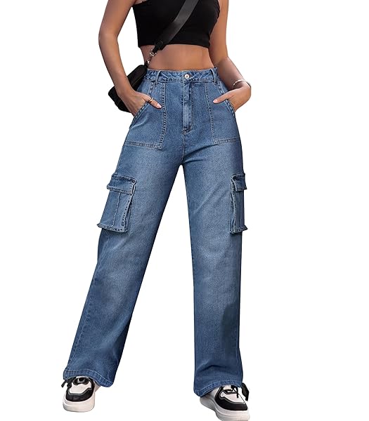 ZMPSIISA Women High Waisted Cargo Pants Wide Leg Casual Pants 6 Pockets Combat Military Trousers