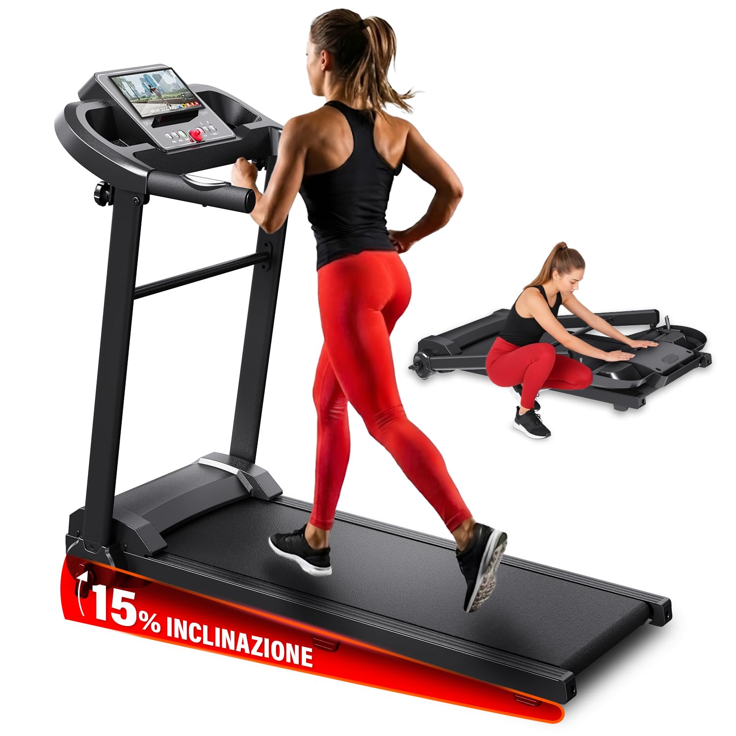 YM Tapis Roulant Salvaspazio Pieghevole 12 e 14 km/h, MARCHIO ITALIANO, Tappeto Corsa MAXI, Telaio rinforzato, Inclinazione, Elettrico, Display, Supporto Tablet, ASSISTENZA e GARANZIA ITALIA Your Move