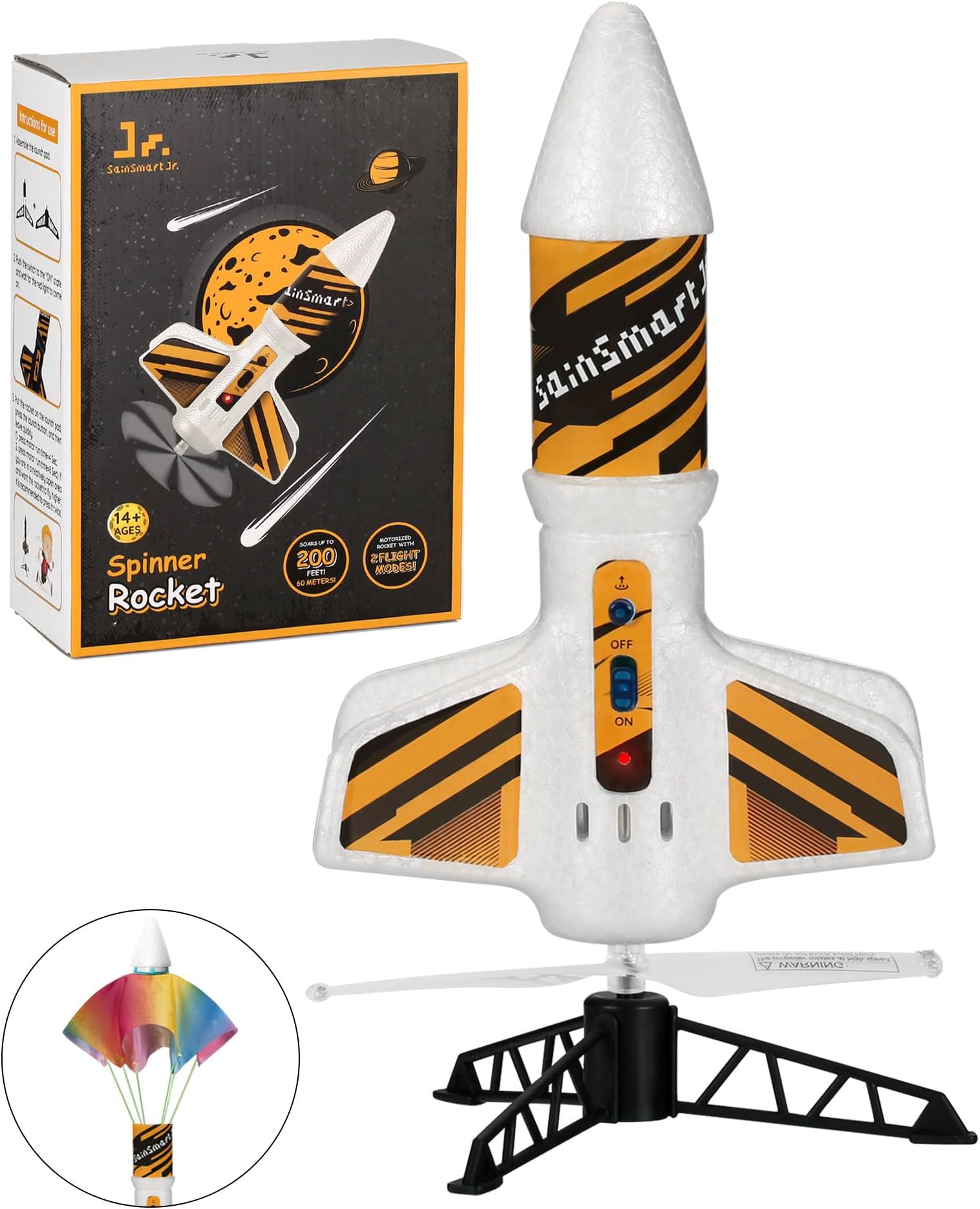 SainSmart Jr. Rocket Launcher for Kids - Motorized Air Rocket Launch up to 200 ft, Safely Land with Parachute, Self-Launching Outdoor Toy, White