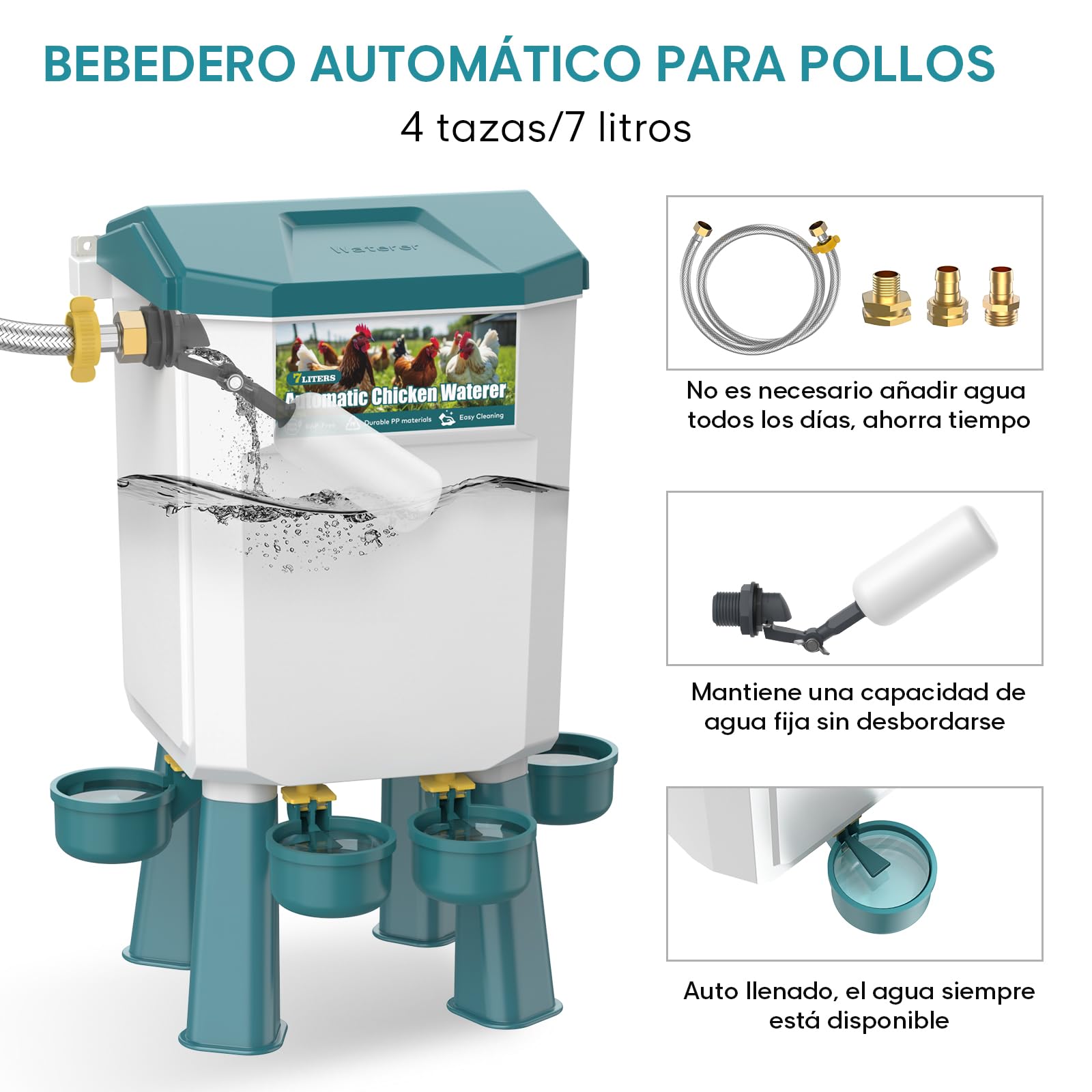 CHAMUTY - Alimentador de gallinas (7 litros, con pies), flotador filtrado, manguera de acero inoxidable de 1,5 m, bebedero dispensador de agua y gallina automática, alimentador de gallinas antidañinas