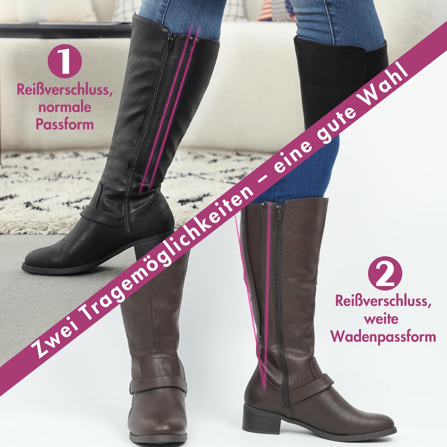Hawkwell Bottes d'équitation hautes à double fermeture éclair pour femmes, mollet large