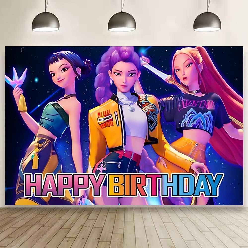 Korean Idol Demon Movie Birthday Party Decorations,Hunteers Movie Happy Birthday Banner Backdrop for Kids Birthday Party Supplies Favors Christams Stocking Stuffers(59 * 39 inches)