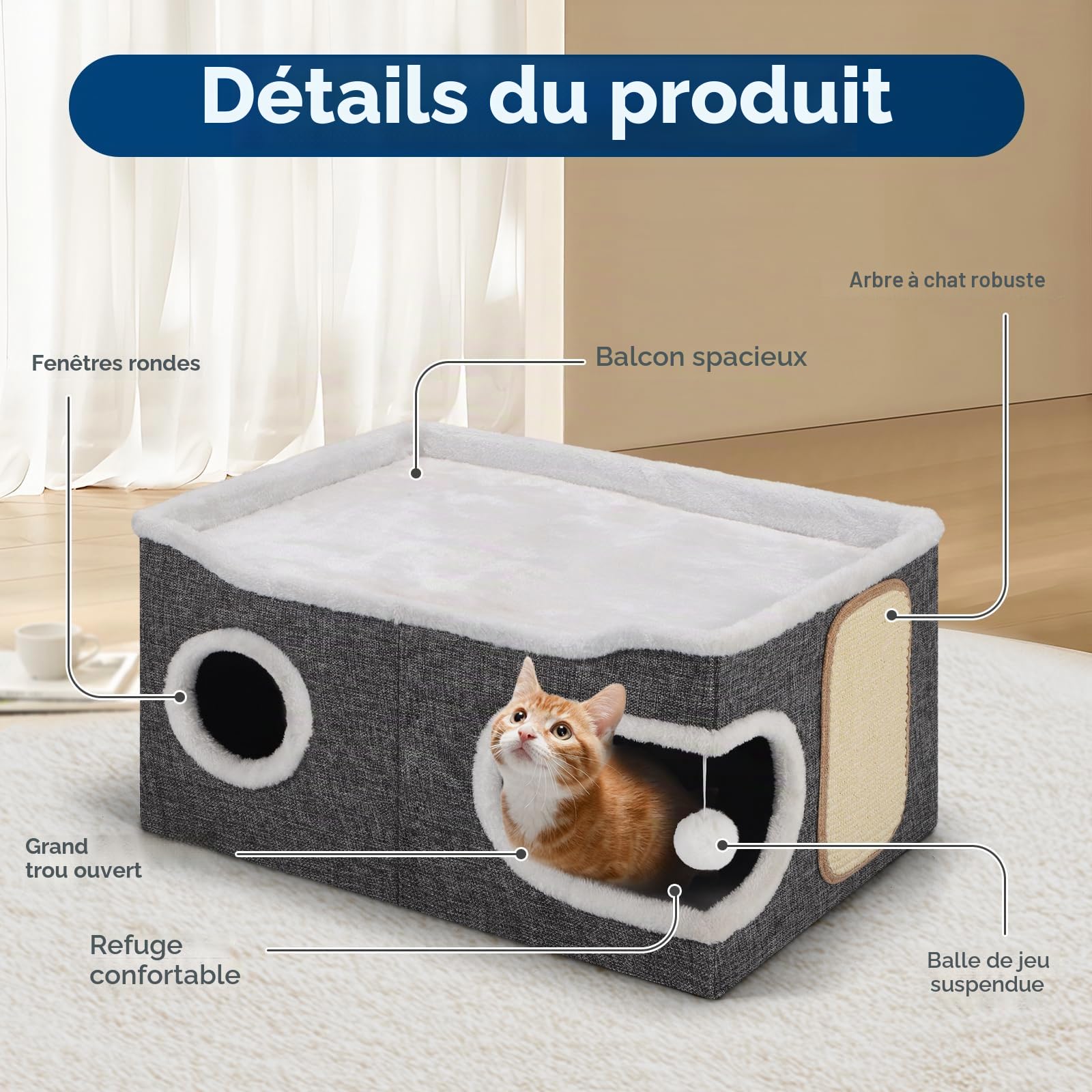Shikha Niche Pliable pour Chat, Maison d'intérieur pour Grands Chats, 61 x 45 x 32 cm, 2 Couches de Cube pour Chat, XXL avec griffoir et Balle de Jeu,Niche pour Grands Animaux de Compagnie, Gris
