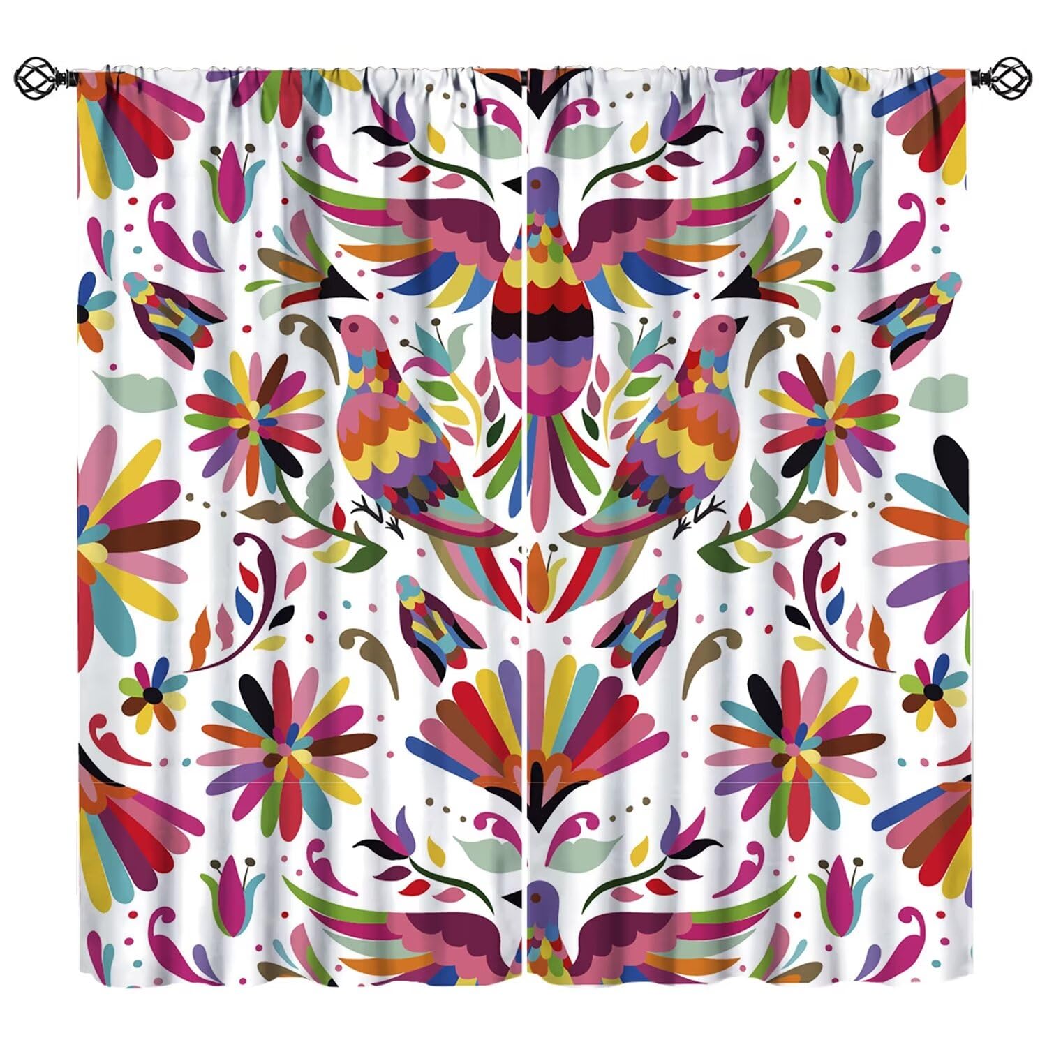 JESTRONRY Mexican Curtain, Traditional Mexican Otomi Style Flowers Birds Ethnic Print Window Treatments Bedroom Living Room Curtain, Home Decor Rod Pocket Window Drapes 72x63 Inch Blackout