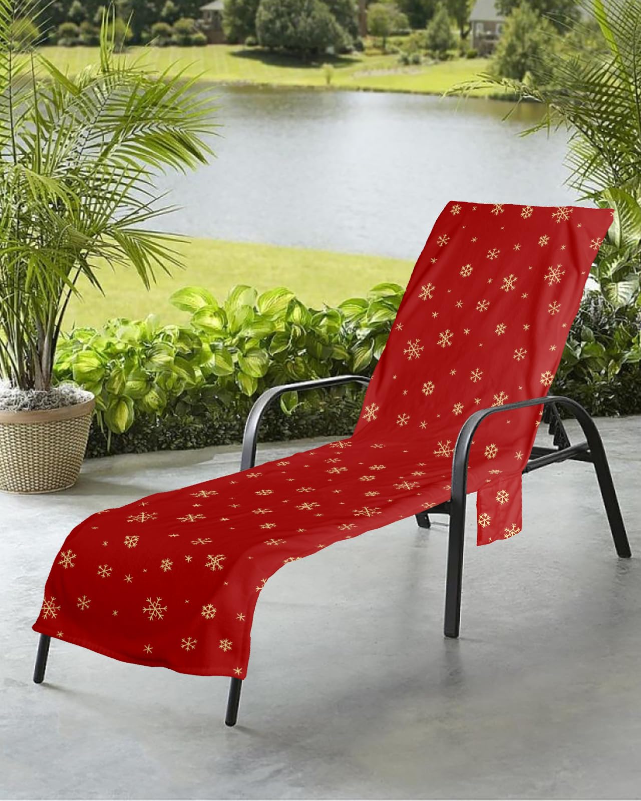 Christmas Snowflake Beach Chair Towel Covers for Chaise Lounge with Side Pocket, Soft Plush Pool Towels Cover for Patio Sunbathing Outdoor 29''x85'' Xmas Red Gold Winter Holiday