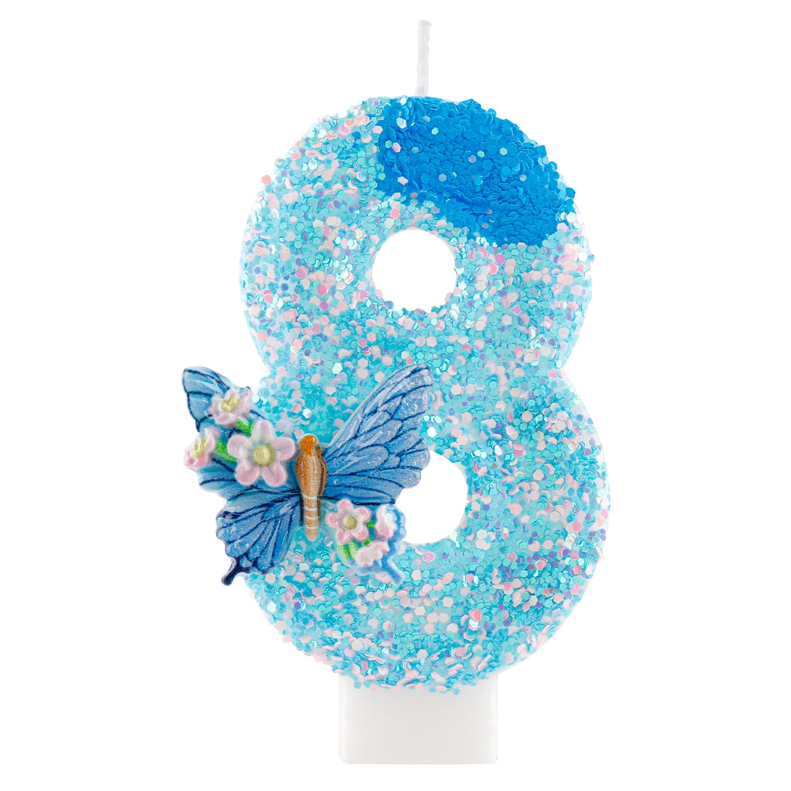 Yiran Number 8 Birthday Candle, Blue Butterfly Glitter Candle for 8th Birthday Cake, Blue Pink Sequin Cake Topper, Perfect for Girls Birthday Party, Baby Shower, Anniversary Decorations