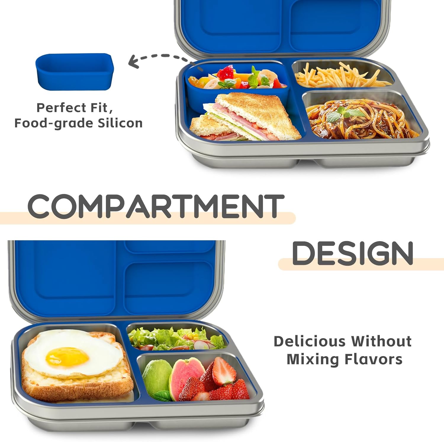 Stainless Steel Kids Leak-Resistant Bento Lunch Box, 3-Compartments with Silicone Container, Dishwasher-Safe, Child-Friendly Design for School, Picnics & Travel,BPA-Free (Blue) - Image 2