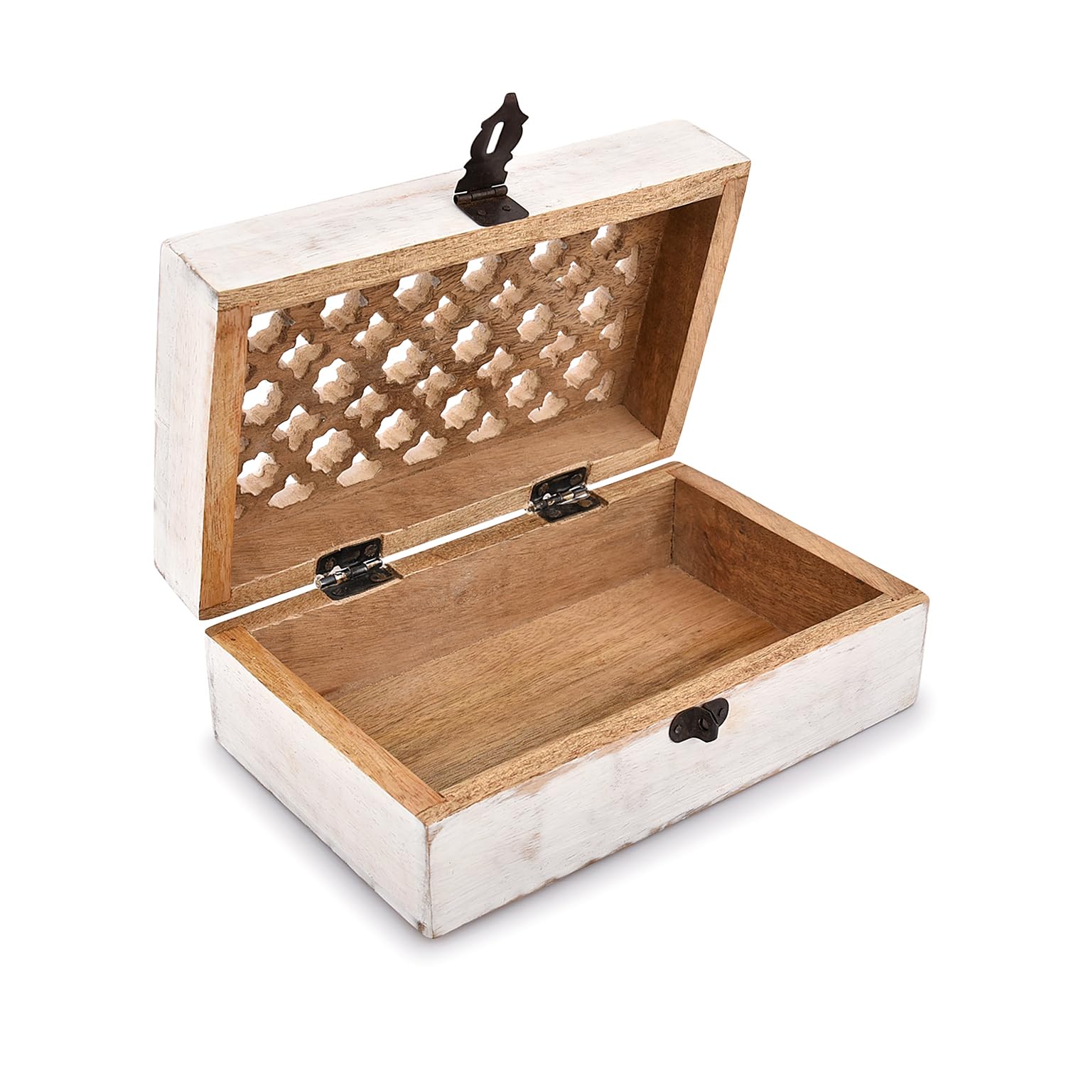 Scatola Portagioie In Legno Di Mango Con Coperchio Jali Intagliato – Decorazione Etnica 22x15x7 Cm - 4