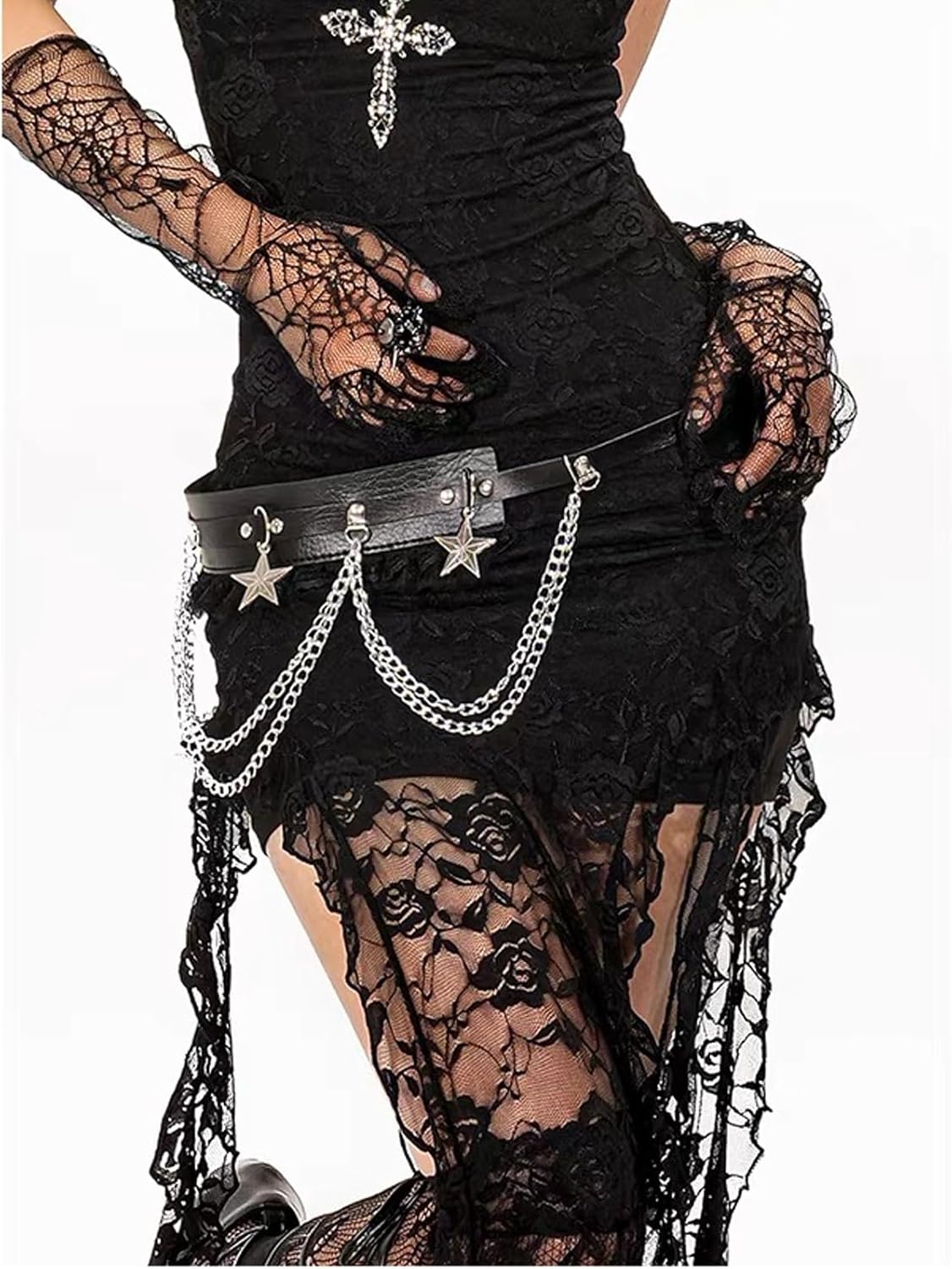 Black Leather Waist Chain Belt Lace Patchwork Punk Body Chain Belt Layered Belly Chain for Women - Image 4