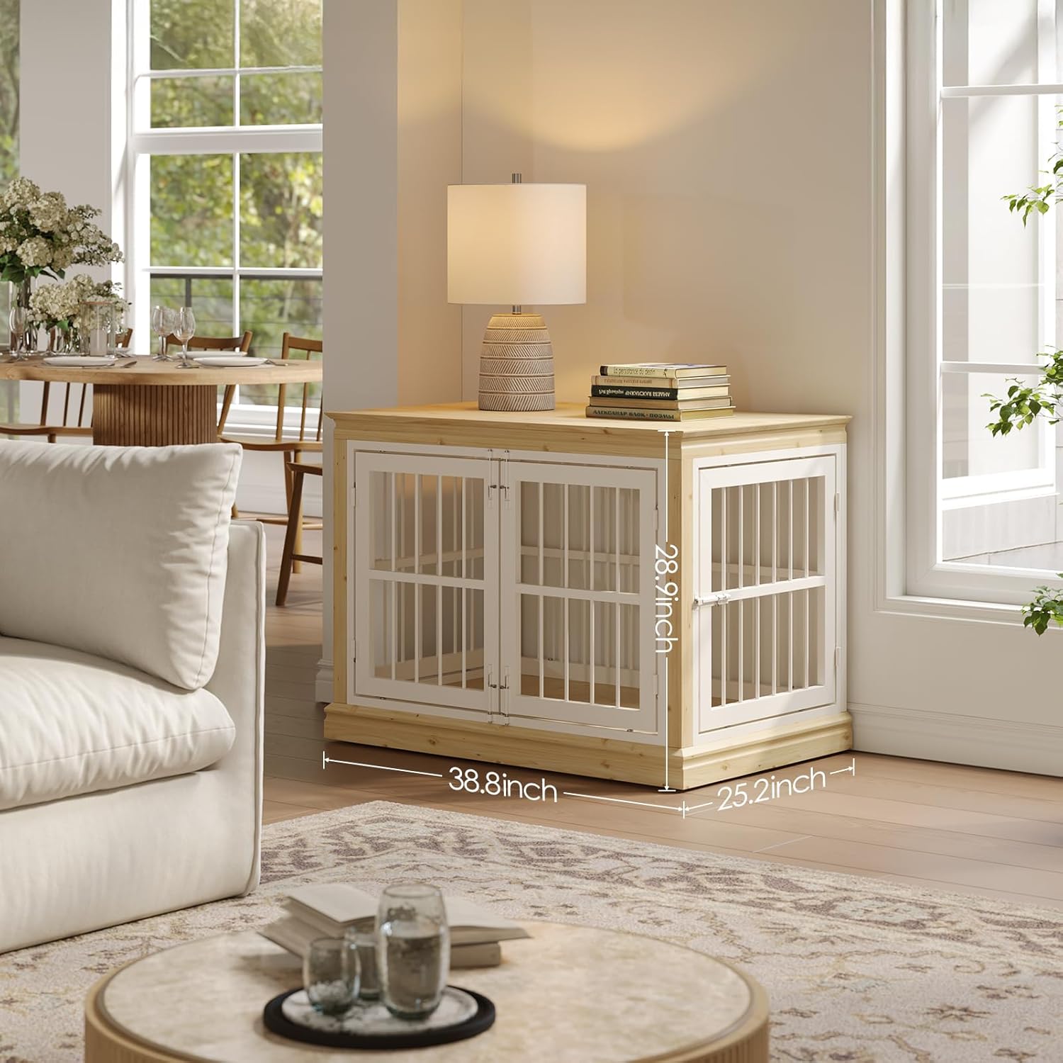 38 in Solid Wood Dog Crate Furniture for Dogs-Large Dog Crate Sideboard and TV Stand, Small, Wood Dog Kennel-(White+Natural)