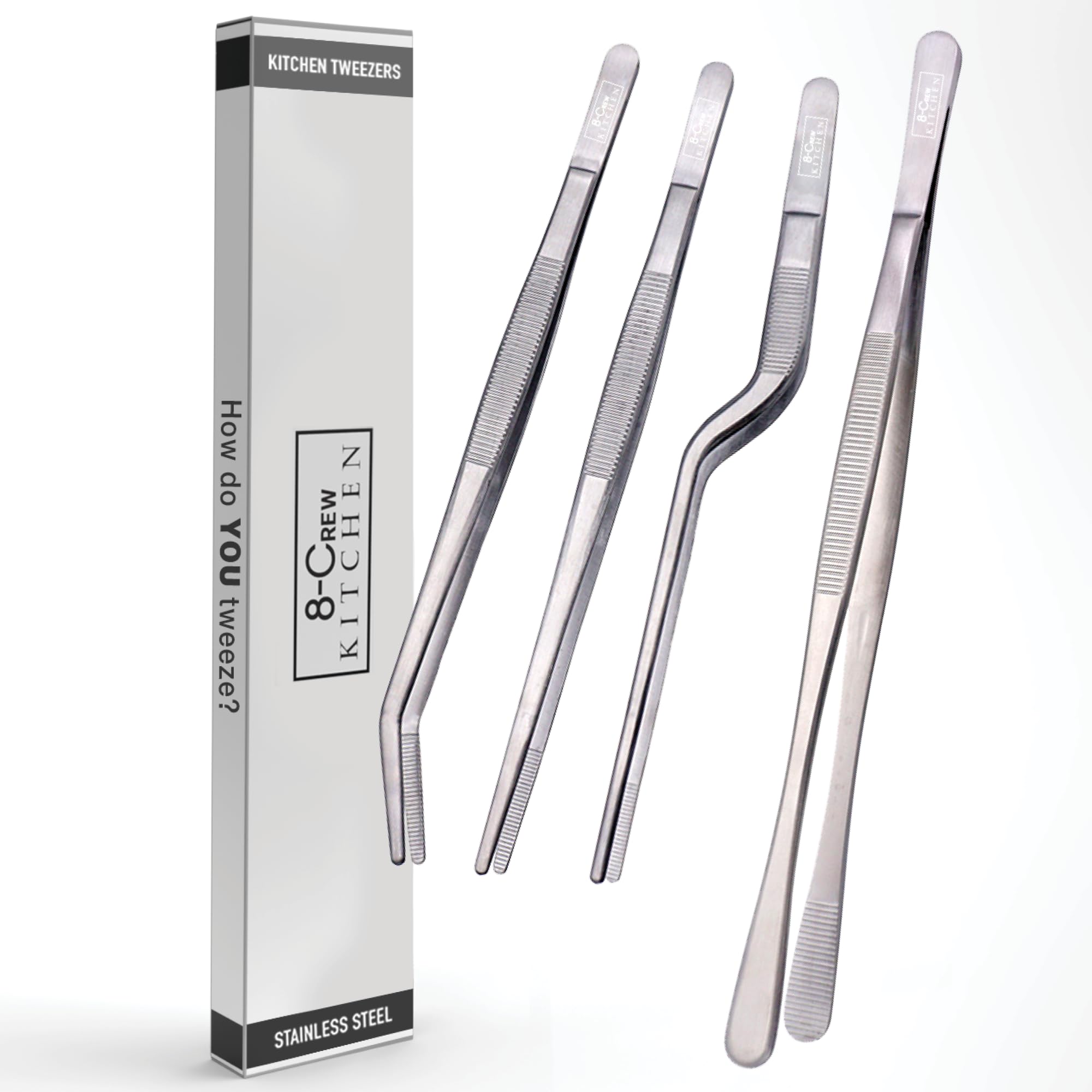 8-CREW KITCHEN - Juego de 4 pinzas de chef profesionales, 3 pinzas culinarias de acero inoxidable de 8 pulgadas para chapado, barra y multiusos con una pinza 304 S/S de 10 pulgadas para cocinar