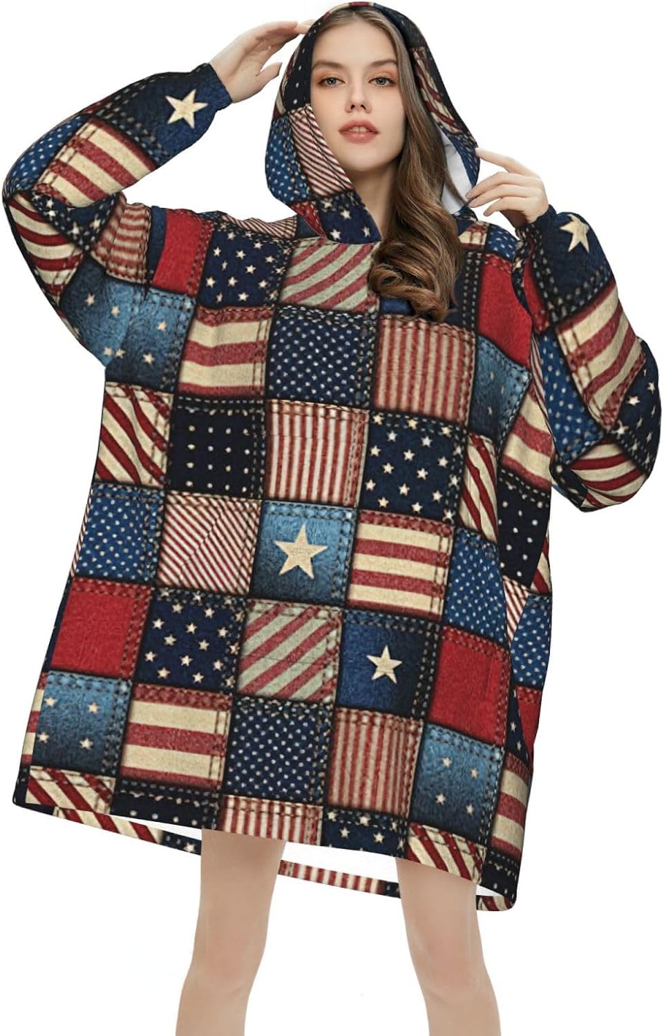 American Flag Patchworkprint Oversized Hoodie Blanket, Super Soft Warm Comfortable Hoodie, Wearable Blanket Adult