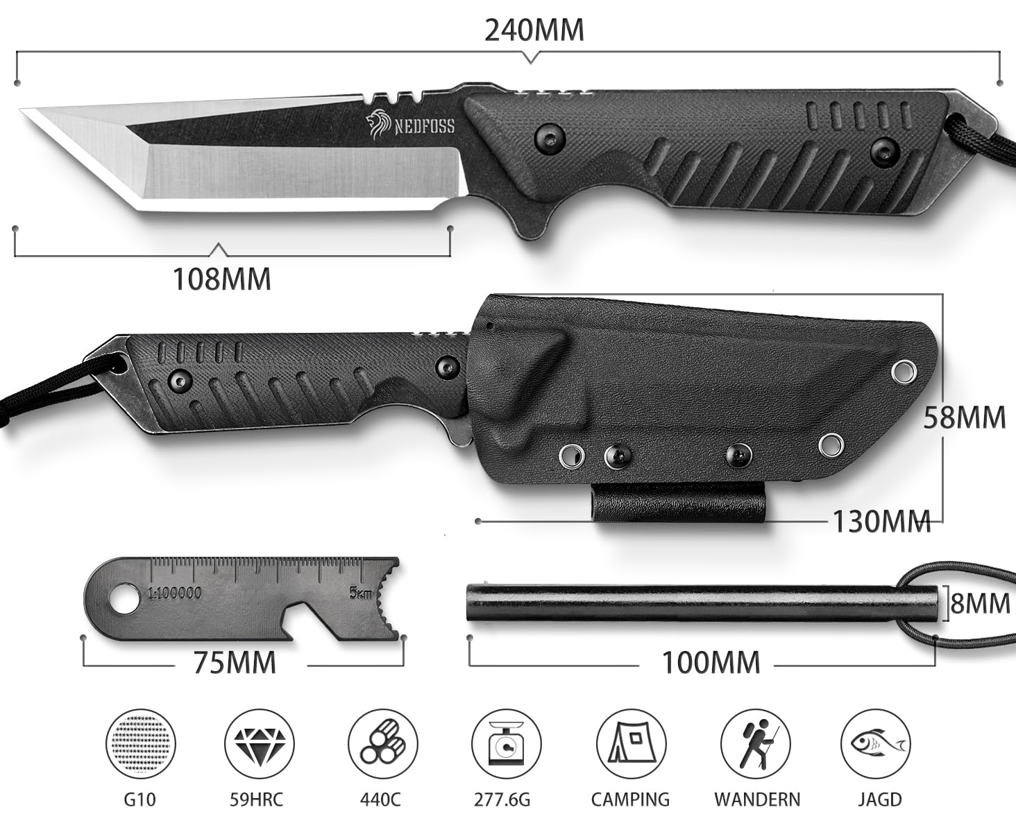 NedFoss DRAGON cuchillo supervivencia, cuchillo bushcraft,cuchillo de caza,cuchillo camping,Hoja fija afilada para exteriores, full tang, acampada supervivencia