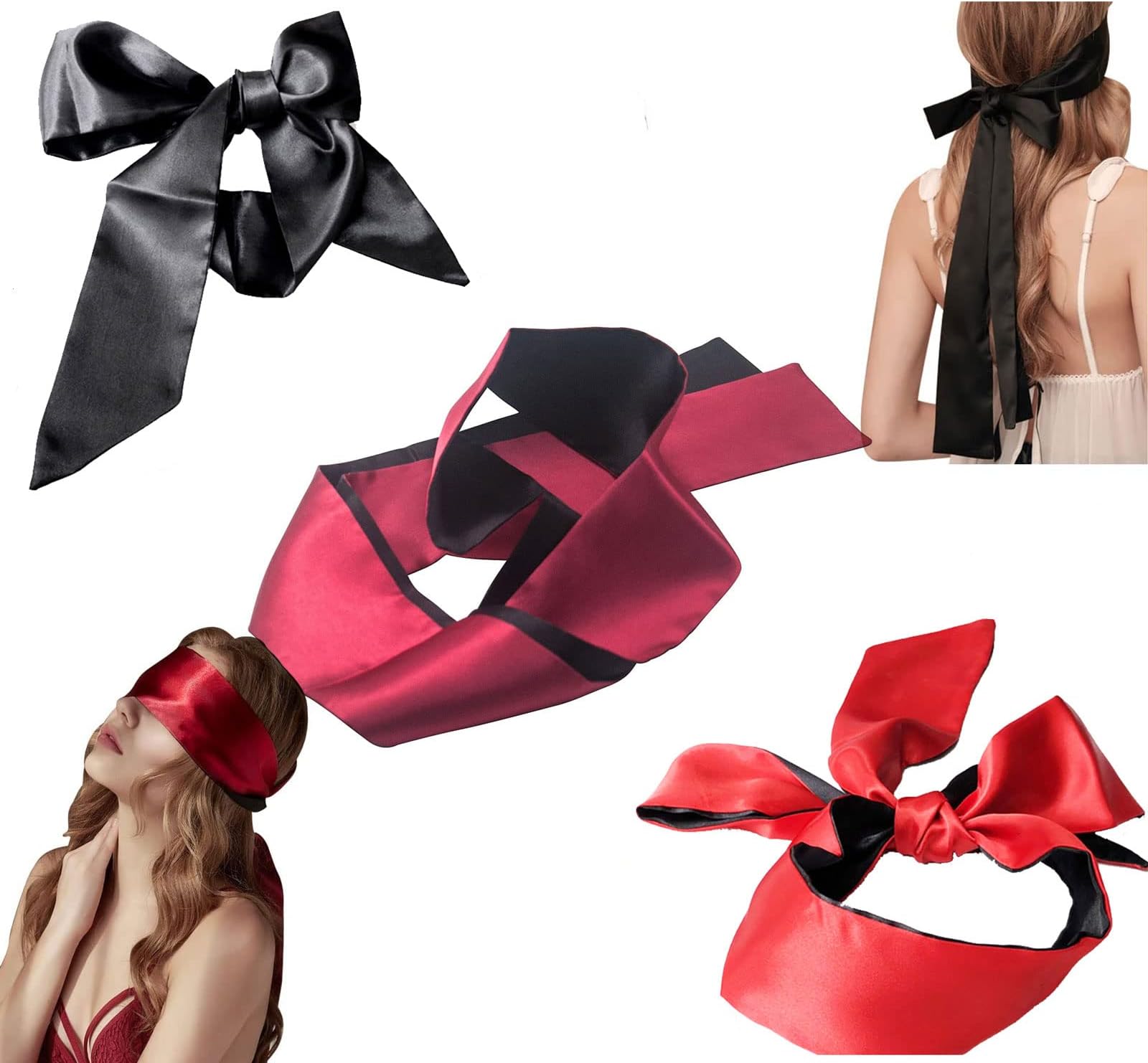 Blindfold,3 Pcs Blindfolds for Games,Eye mask for Sleeping Games Satin Silk Eye Covers Satin Sleep Mask(Black Red Rose Red)