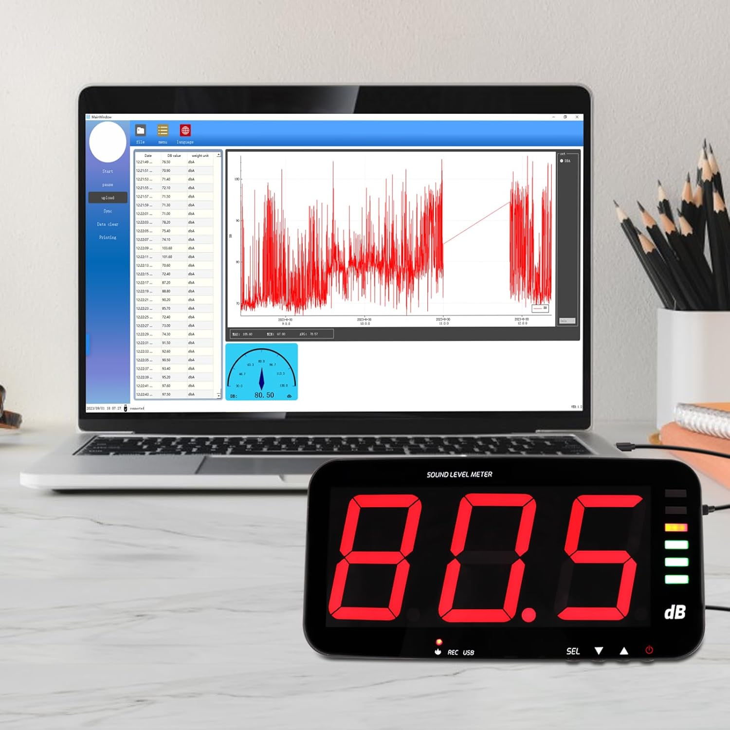 Decibel meter connected to a laptop showing data logging software