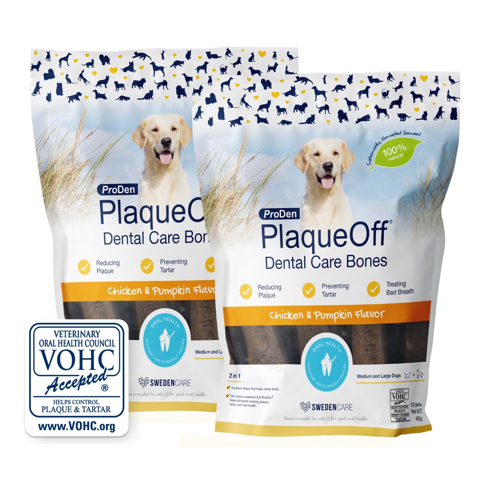 ProDen PlaqueOff 13 Dental Bones for Medium & Large Dogs, Tartar, Plaque & Bad Breath Remover, Improves Overall Oral Health, Pack of 2 (Chicken)