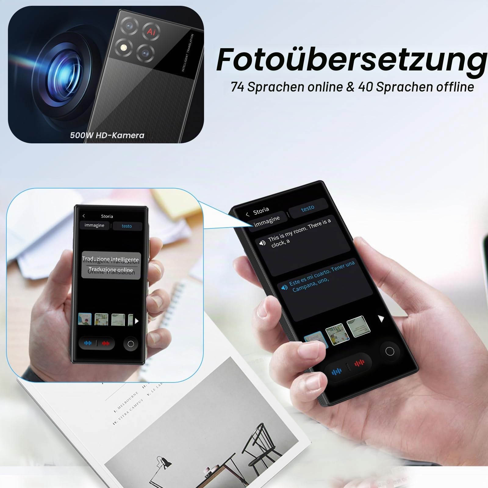 Sprachübersetzer Ohne Internet, Tragbar KI Übersetzer mit 148 Sprachen und Deutsch Offline, Langlebig Übersetzungsgerät von Fotoübersetzung mit 1500 mAh Akku für Reisen Business Lernen