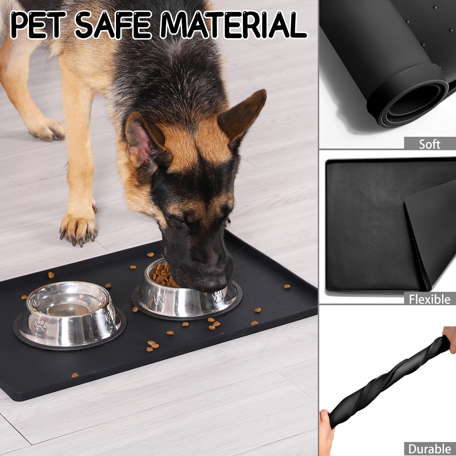 MateeyLife Silicone Cat & Dog Food Mat for Floors Waterproof, Anti-Slip Dog Bowl Mats for Food and Water, Pet Feeding Tray with Lip to Prevent Spills, Pet Placemat for Messy Drinkers to Protect Floor 18''×12'' Black - 4