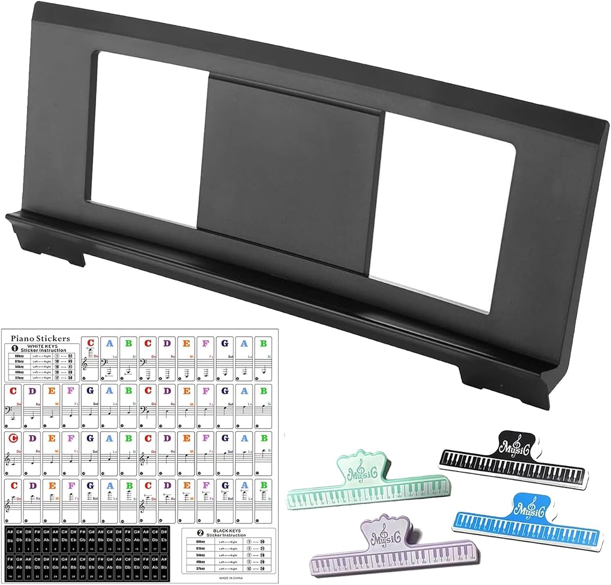 Music Stand for Sheet Music, Compatible with Yamaha Music Sheet Stand Fit for Multiple Keyboard Models, Keyboard Sheet Music Stand with 4 Music Book Clip & Piano Key Stickers